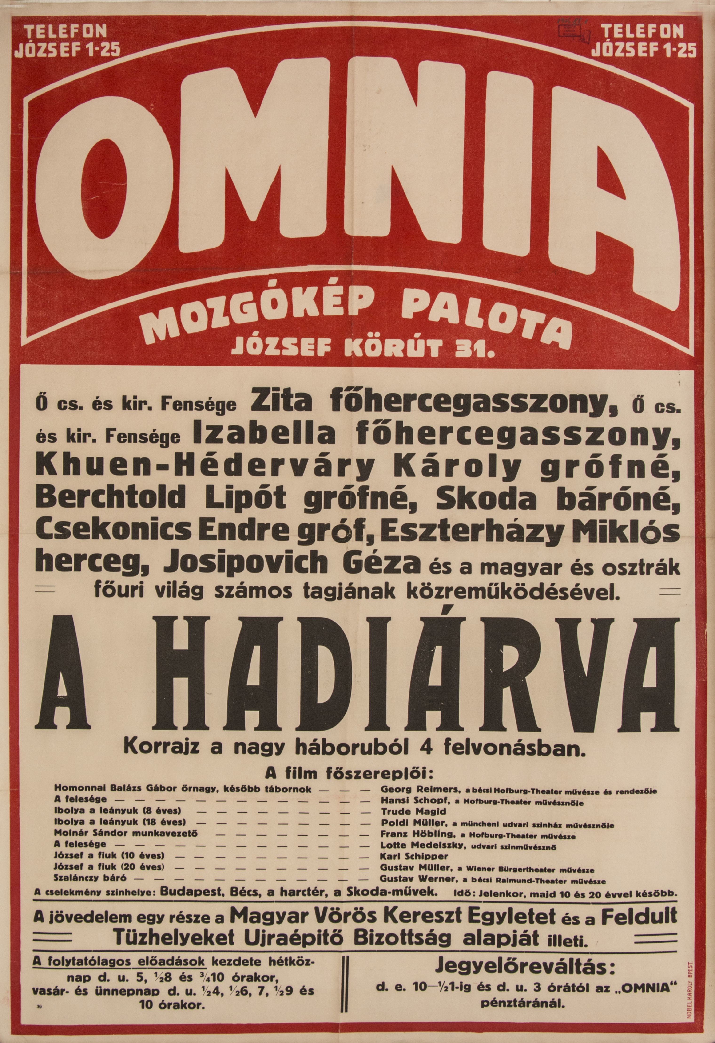 OMNIA mozgókép palota hirdetése a Hadiárva című filmről (fehér alap, fekete, piros) (Ferenczy Múzeumi Centrum CC BY-NC-SA)