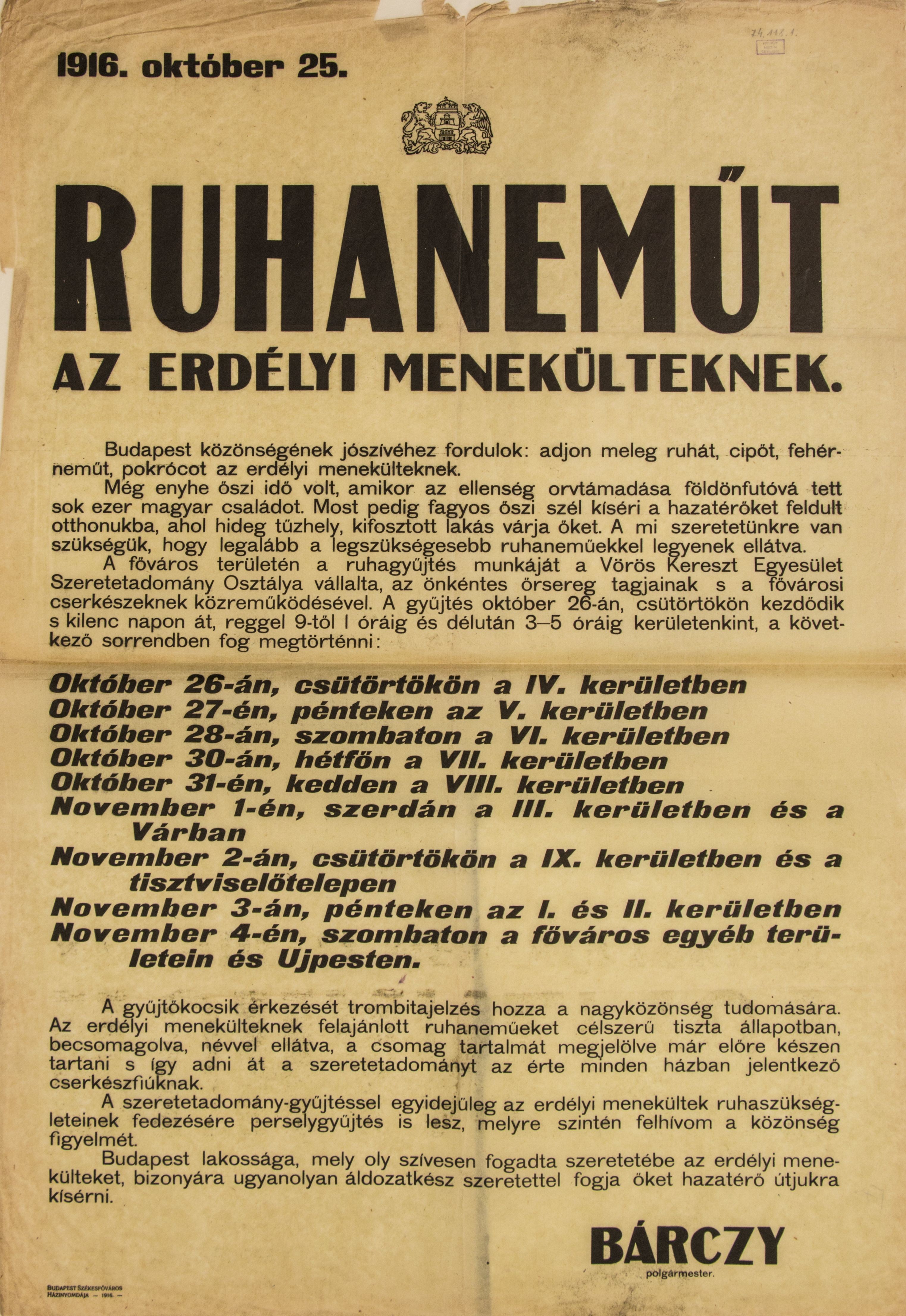 "Ruhaneműt az erdélyi menekülteknek!" 1916.10.25. (zöld - fekete betű) (Ferenczy Múzeumi Centrum CC BY-NC-SA)
