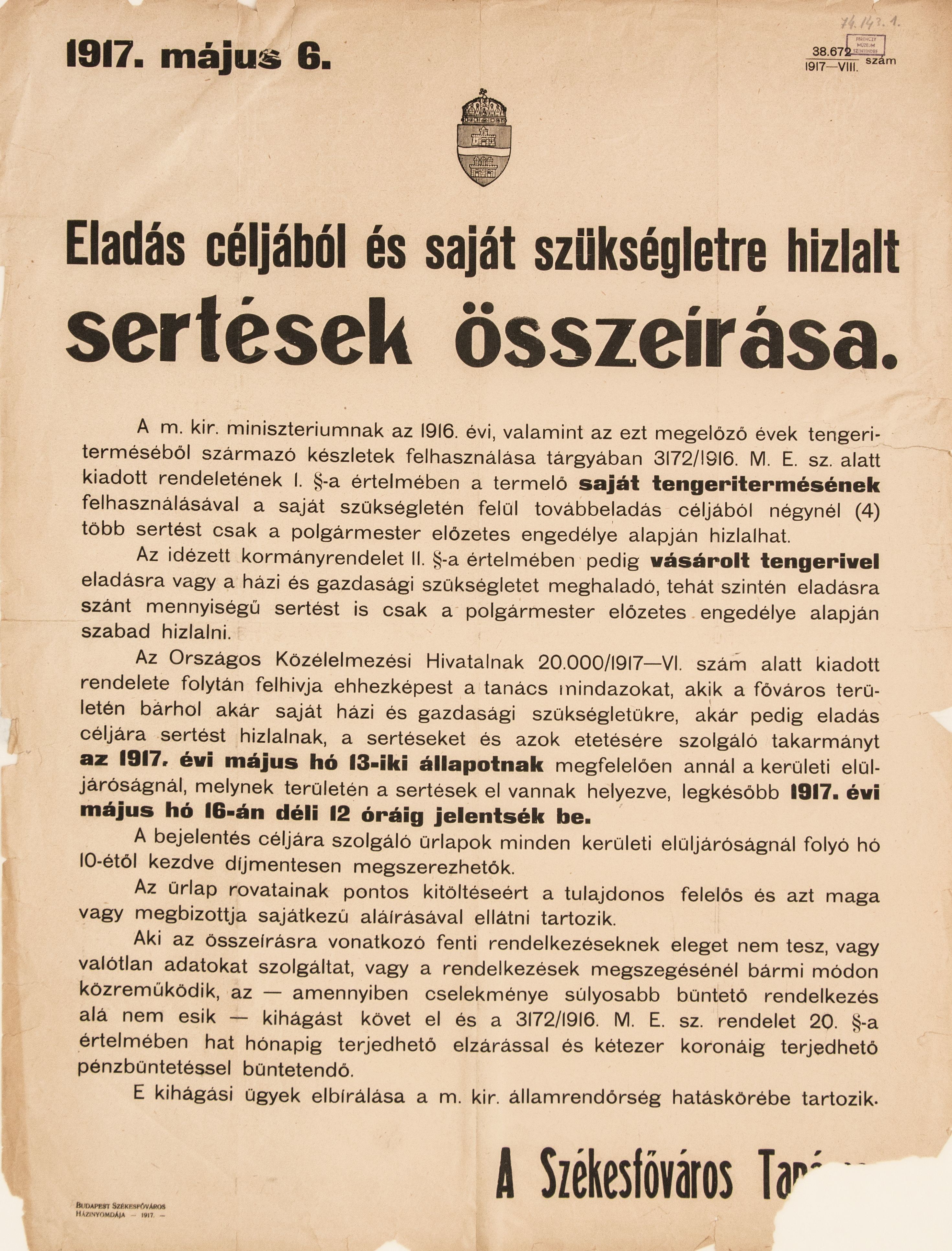 Sertések összeírása, 1917.05.06. (Ferenczy Múzeumi Centrum CC BY-NC-SA)