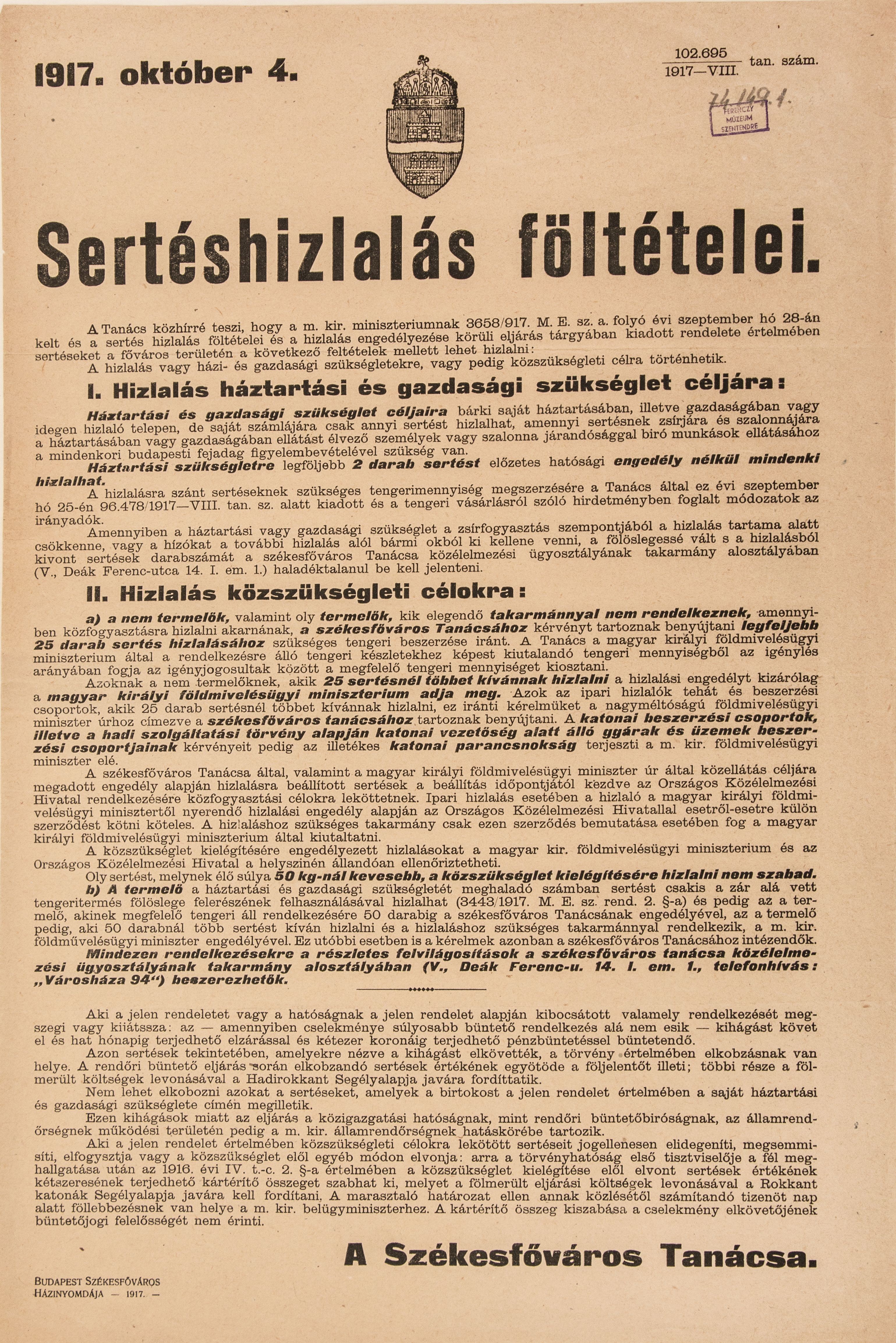 Sertéshízlalás feltételei, 1917.10.04. (hirdetmény) (Ferenczy Múzeumi Centrum CC BY-NC-SA)
