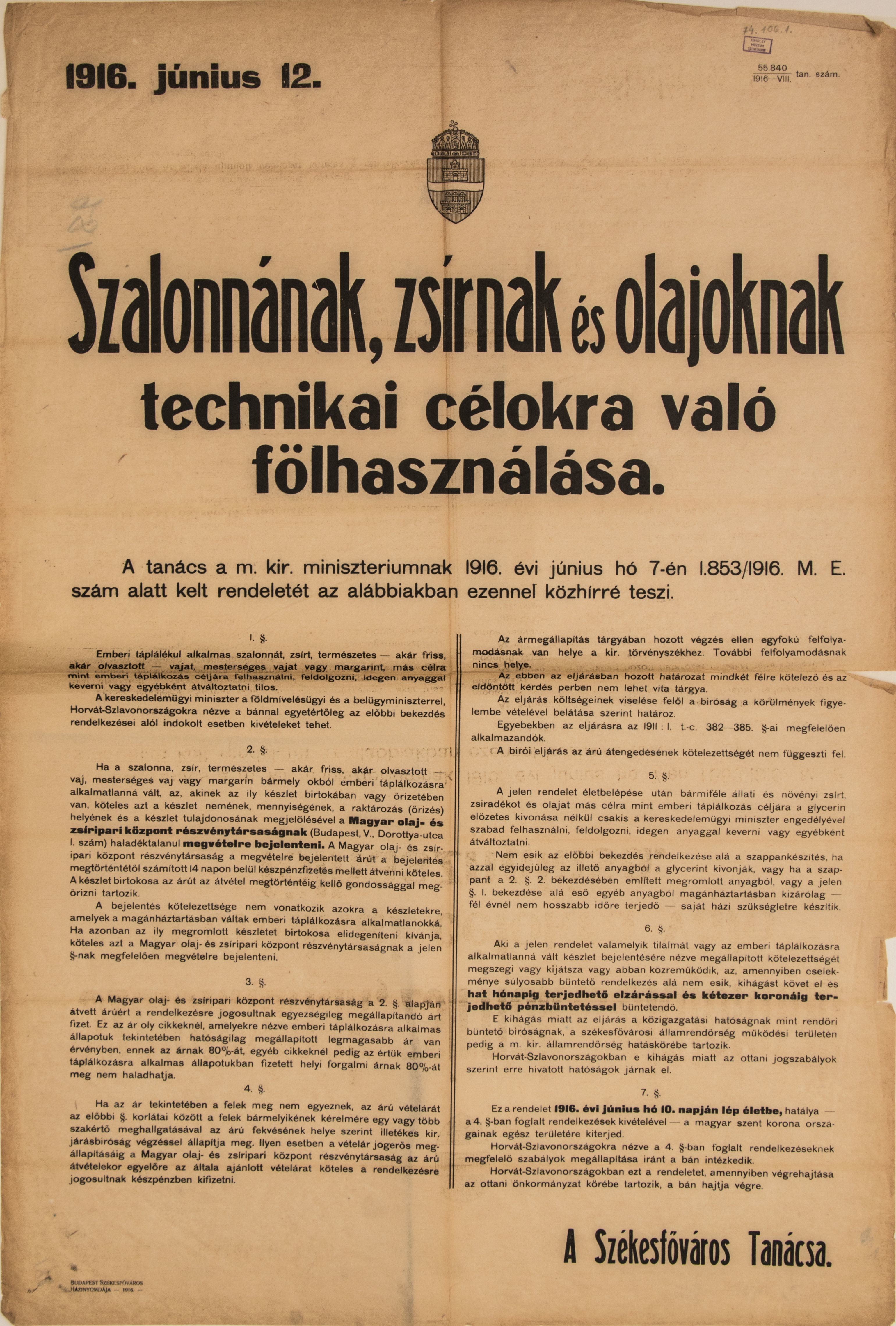 Szalonnának, zsírnak és olajnak technikai célra való felhasználásáról, 1916.06.12. (Ferenczy Múzeumi Centrum CC BY-NC-SA)