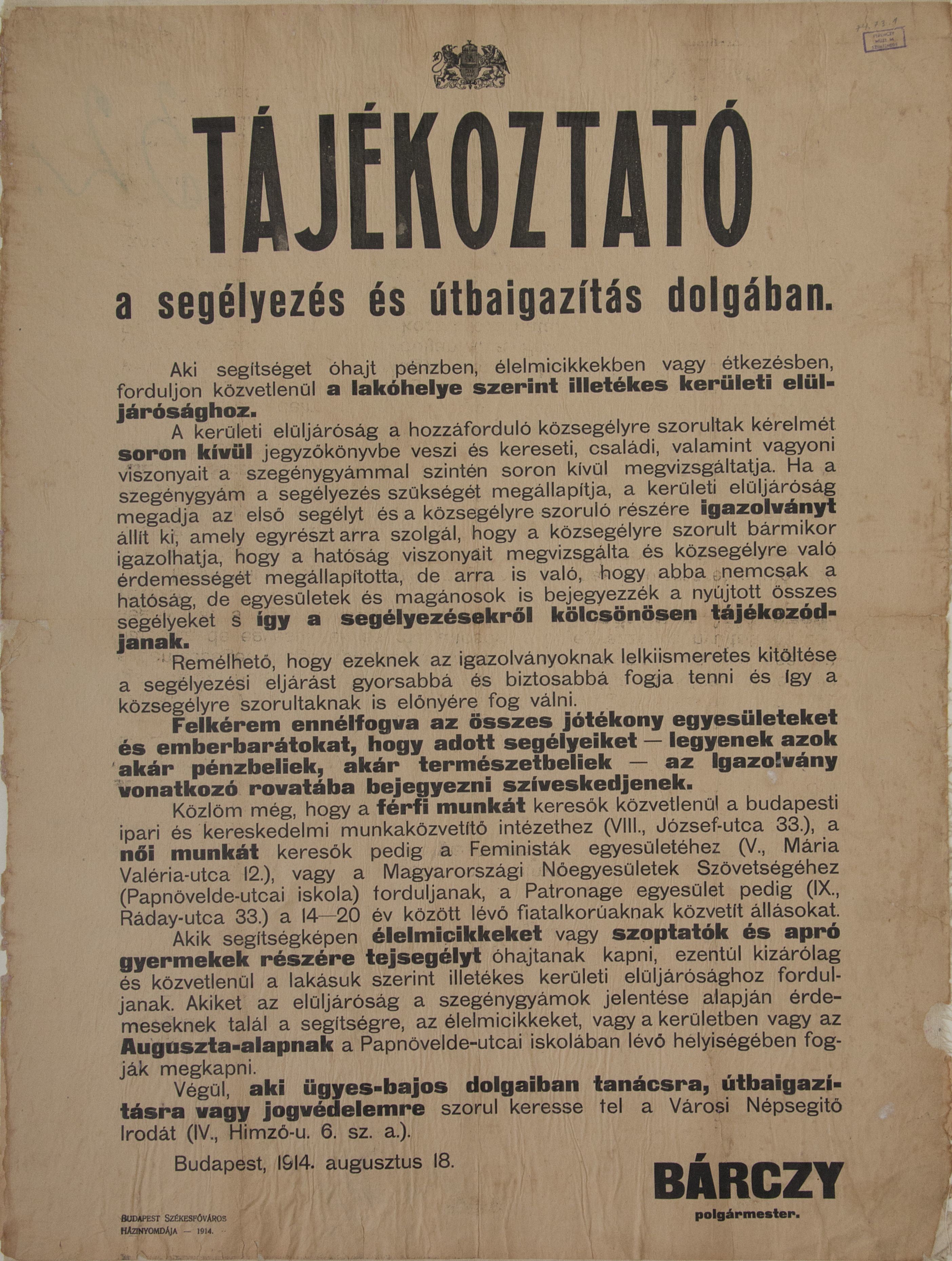 Tájékoztató a segélyezés és útbaigazítás dolgában (Bárczy polgármester, 1914.08.18.) (Ferenczy Múzeumi Centrum CC BY-NC-SA)