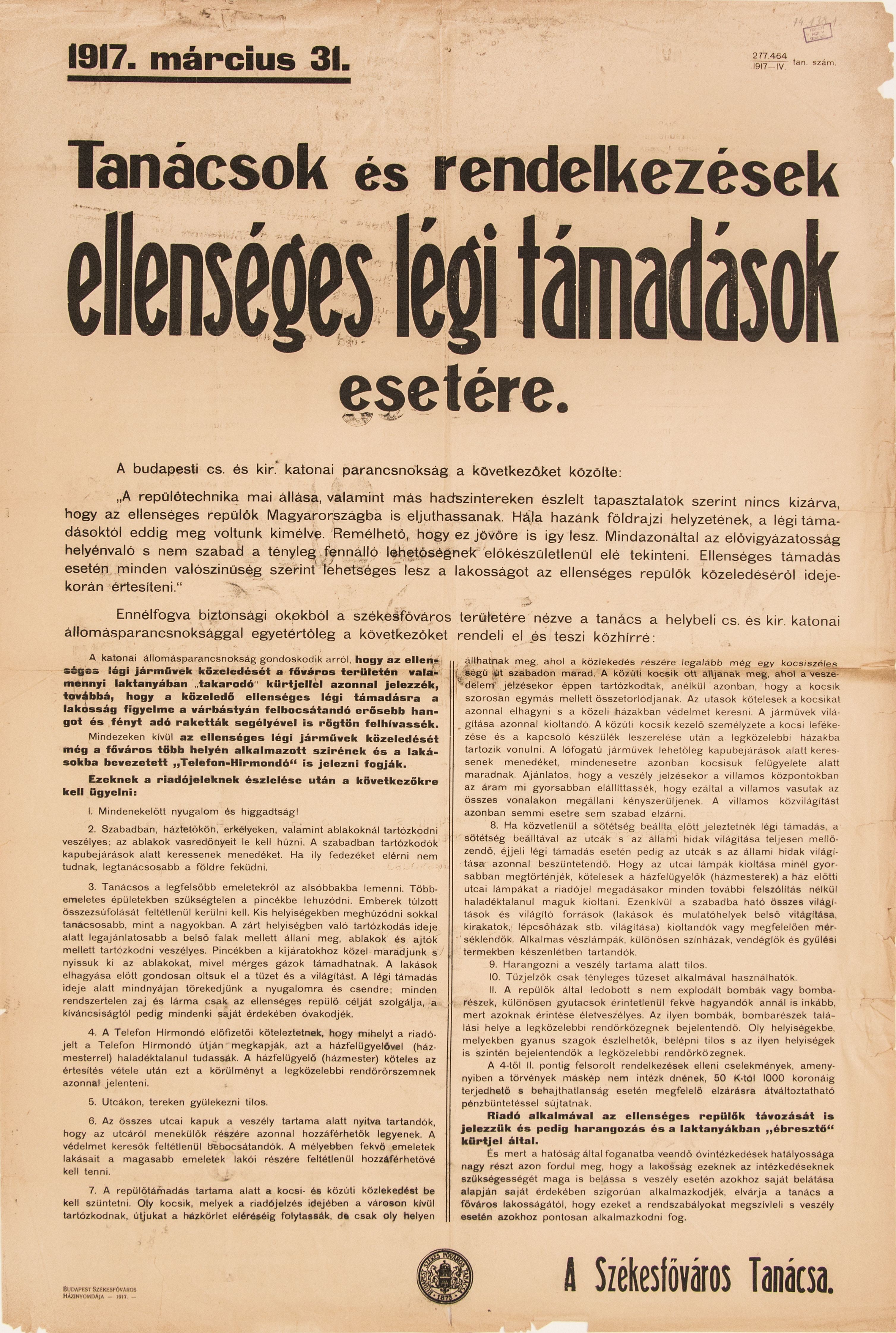 Tanácsok és rendelkezések legitámadások esetére, 1917.03.31. (Ferenczy Múzeumi Centrum CC BY-NC-SA)