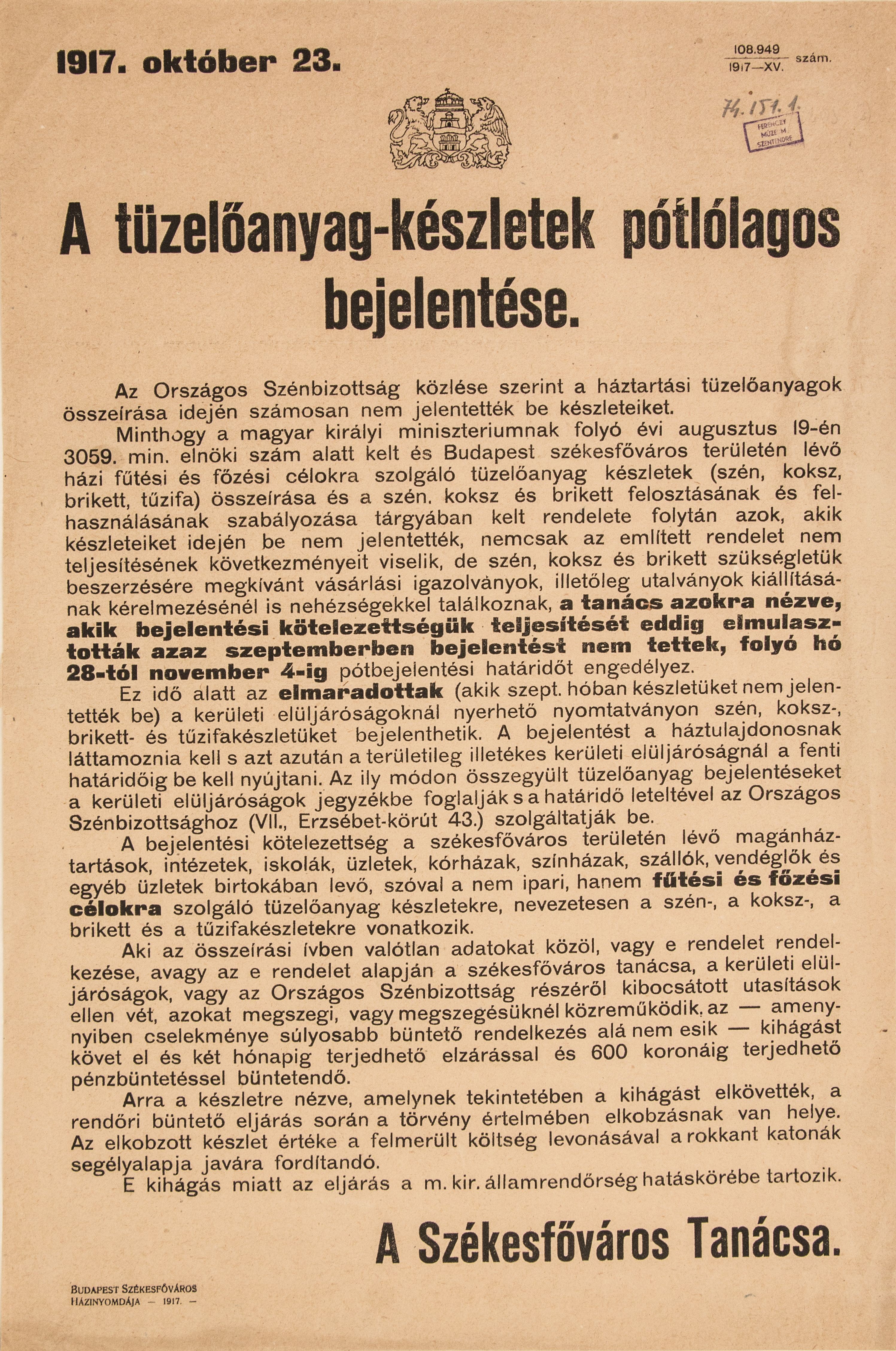 Tüzelőanyag készletek pótbejelentése, 1917.10.23. (Ferenczy Múzeumi Centrum CC BY-NC-SA)