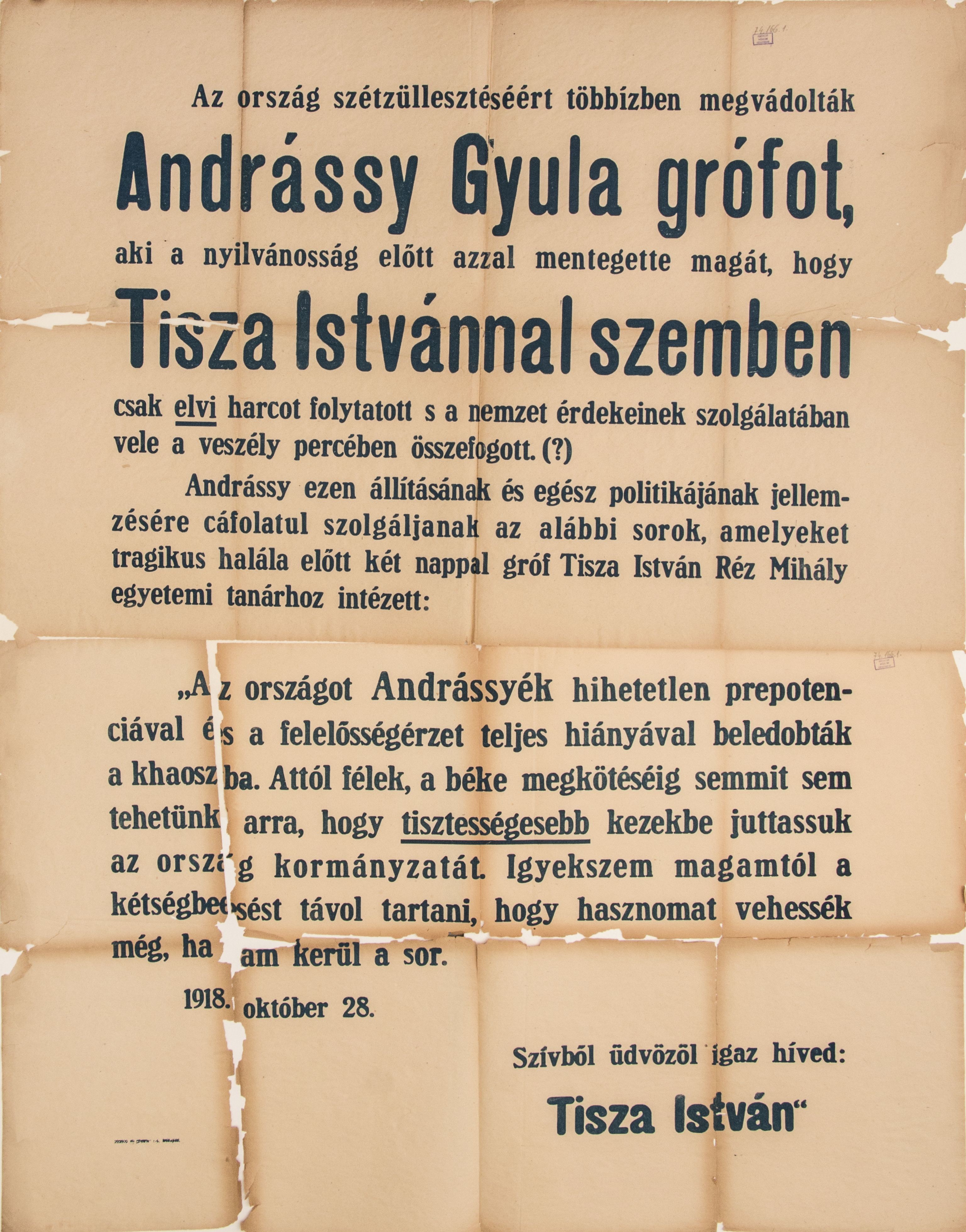 Andrássy Gyula és Tisza István "elvi" harcáról, 1918.10.28. (Ferenczy Múzeumi Centrum CC BY-NC-SA)