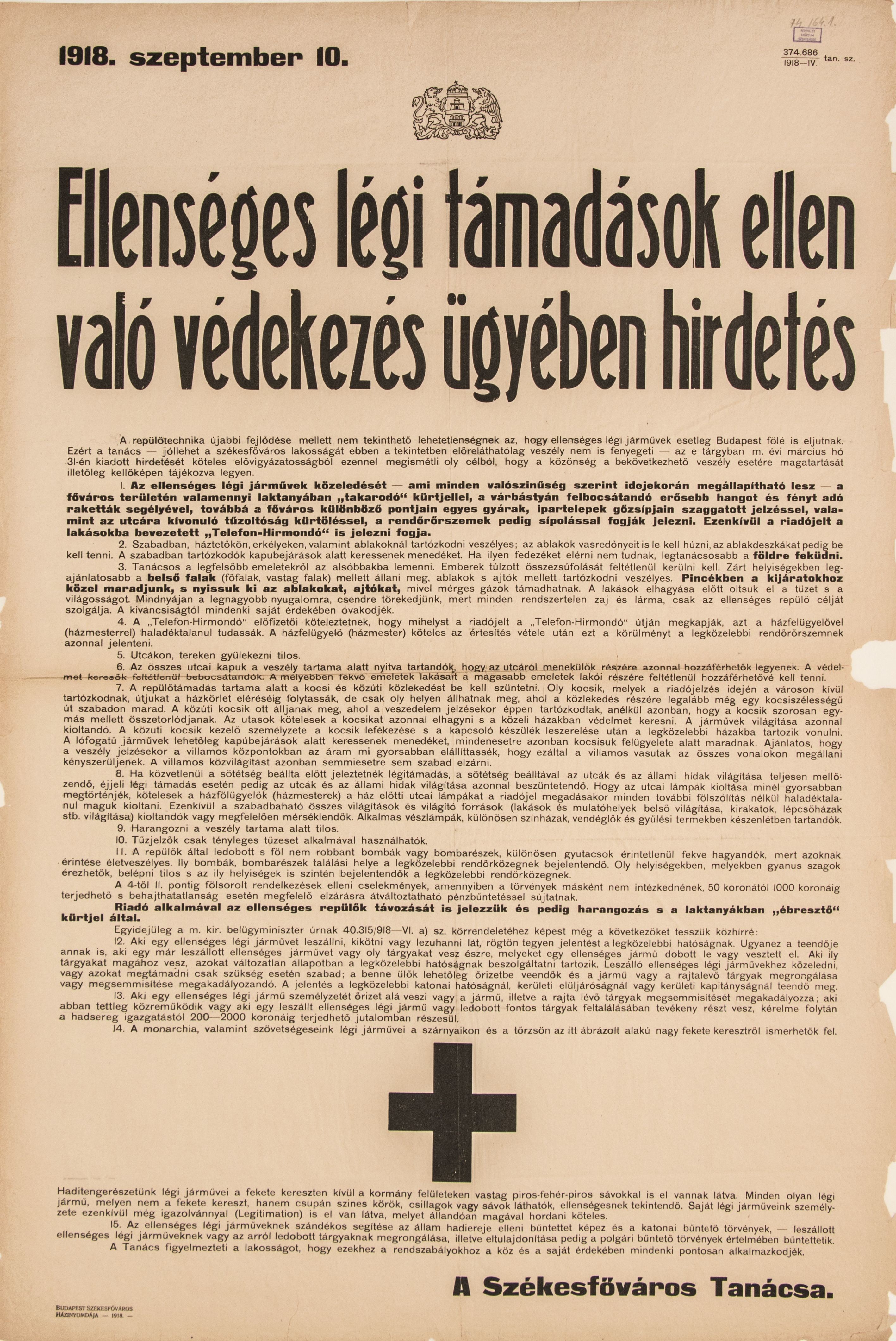 Ellenséges légitámadások elleni védekezés ügyében hirdetés, 1918.09.10. (Ferenczy Múzeumi Centrum CC BY-NC-SA)