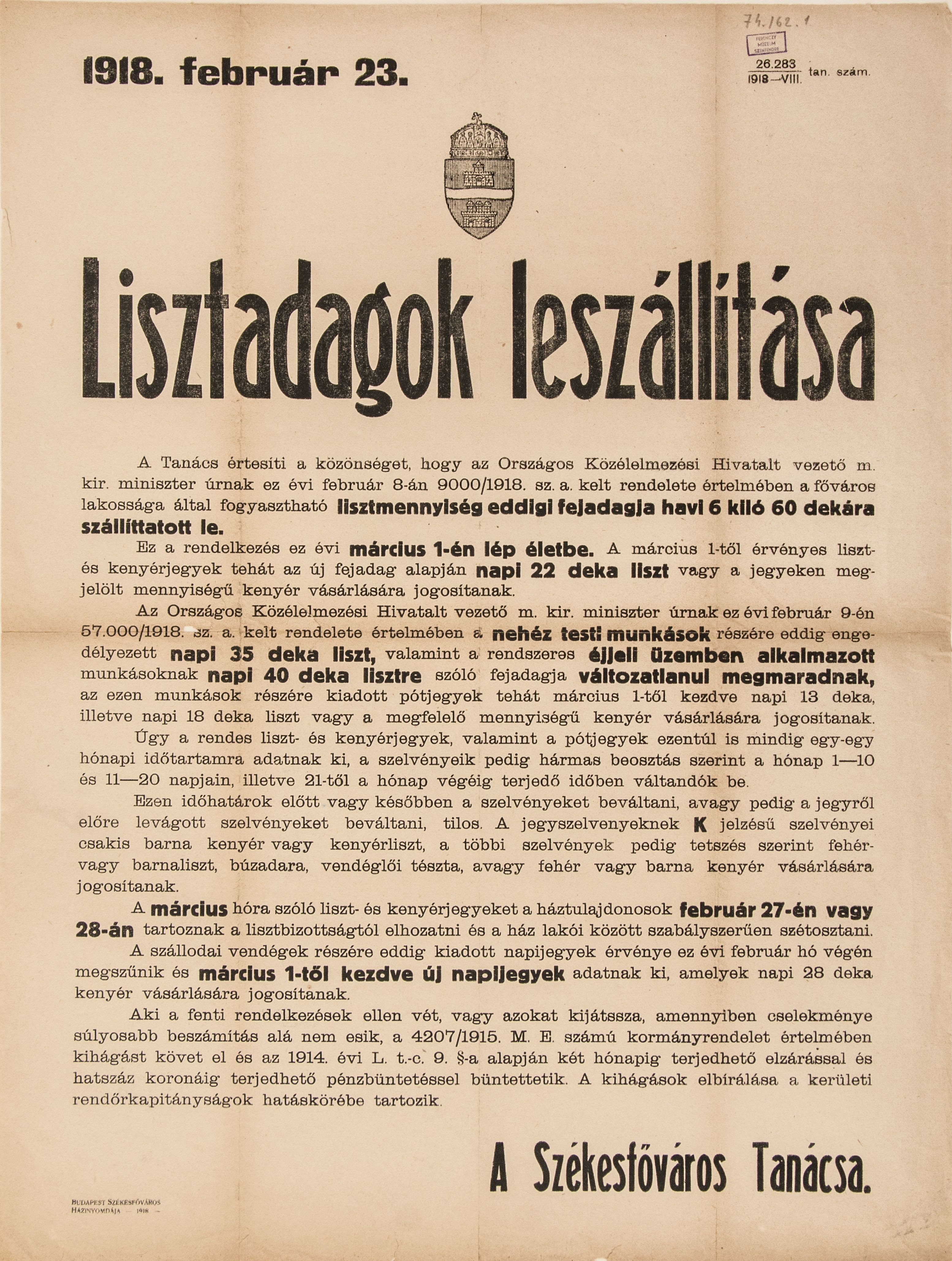 Lisztadagok leszállítása, 1918.02.23. (hirdetmény) (Ferenczy Múzeumi Centrum CC BY-NC-SA)