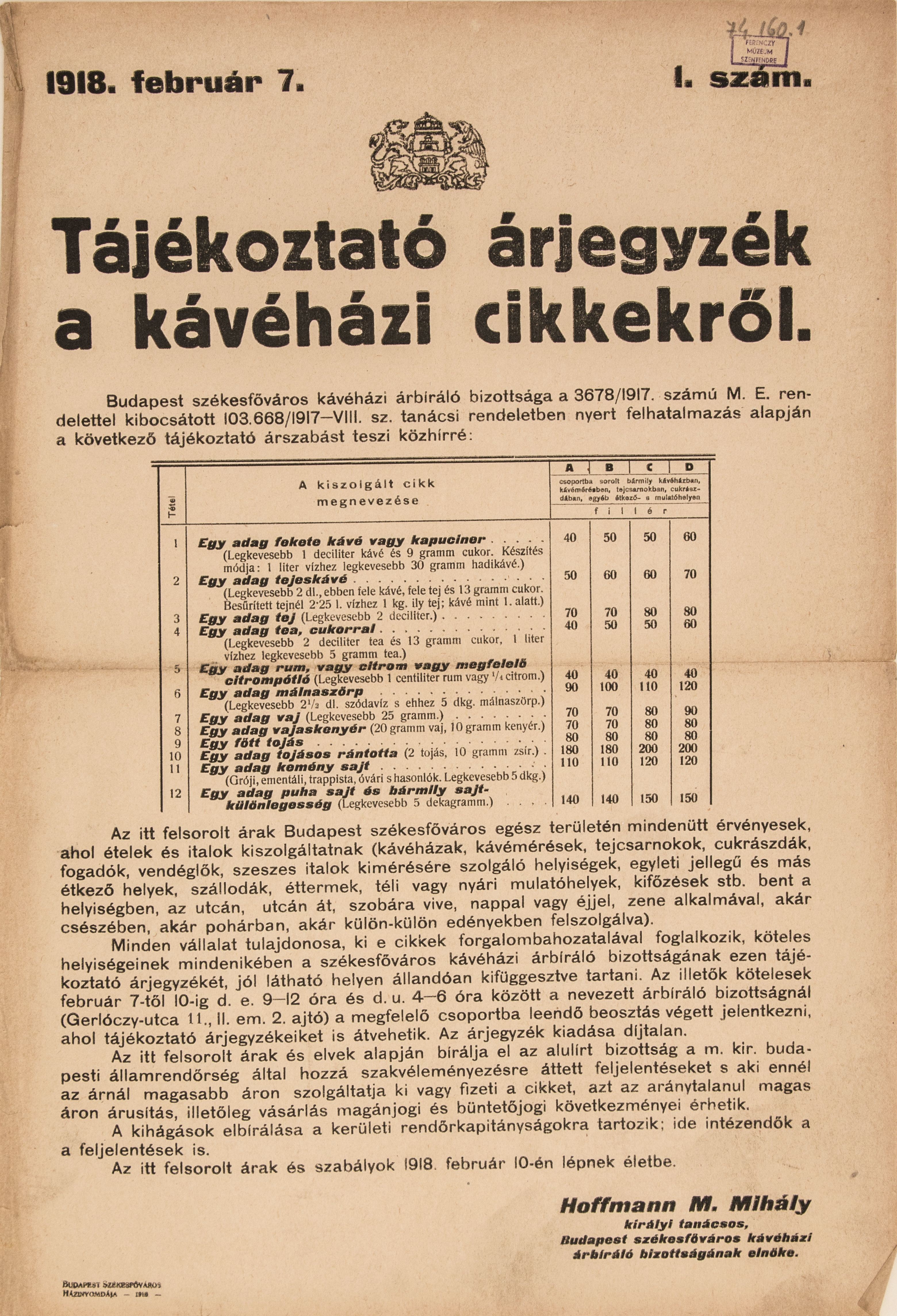 Tájékoztató árjegyzék a kávéházi cikkekről, 1918.02.07. (Ferenczy Múzeumi Centrum CC BY-NC-SA)