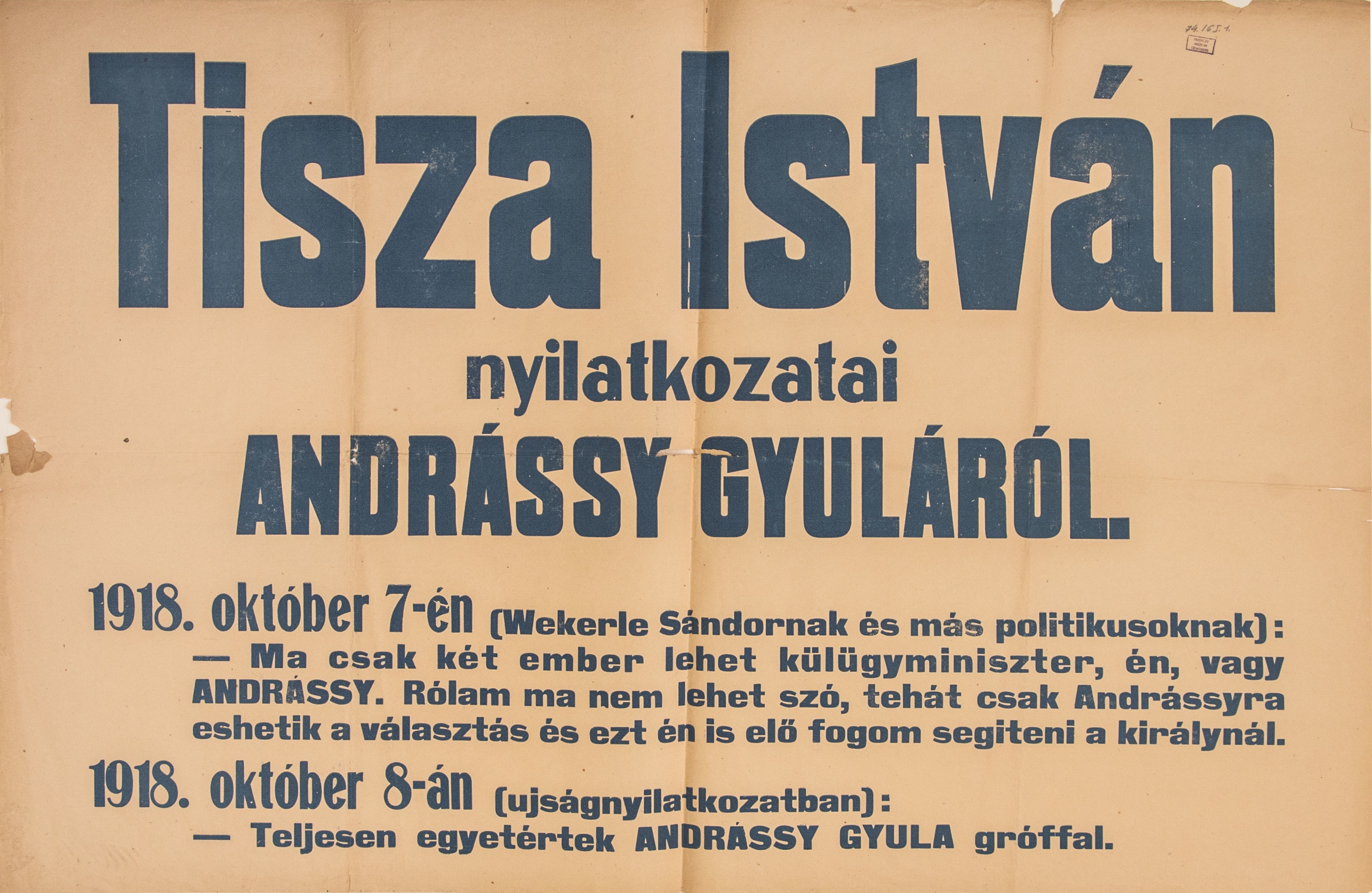 Tisza István nyilatkozatai Andrássy Gyuláról (fehér alap, kék betű) (Ferenczy Múzeumi Centrum CC BY-NC-SA)