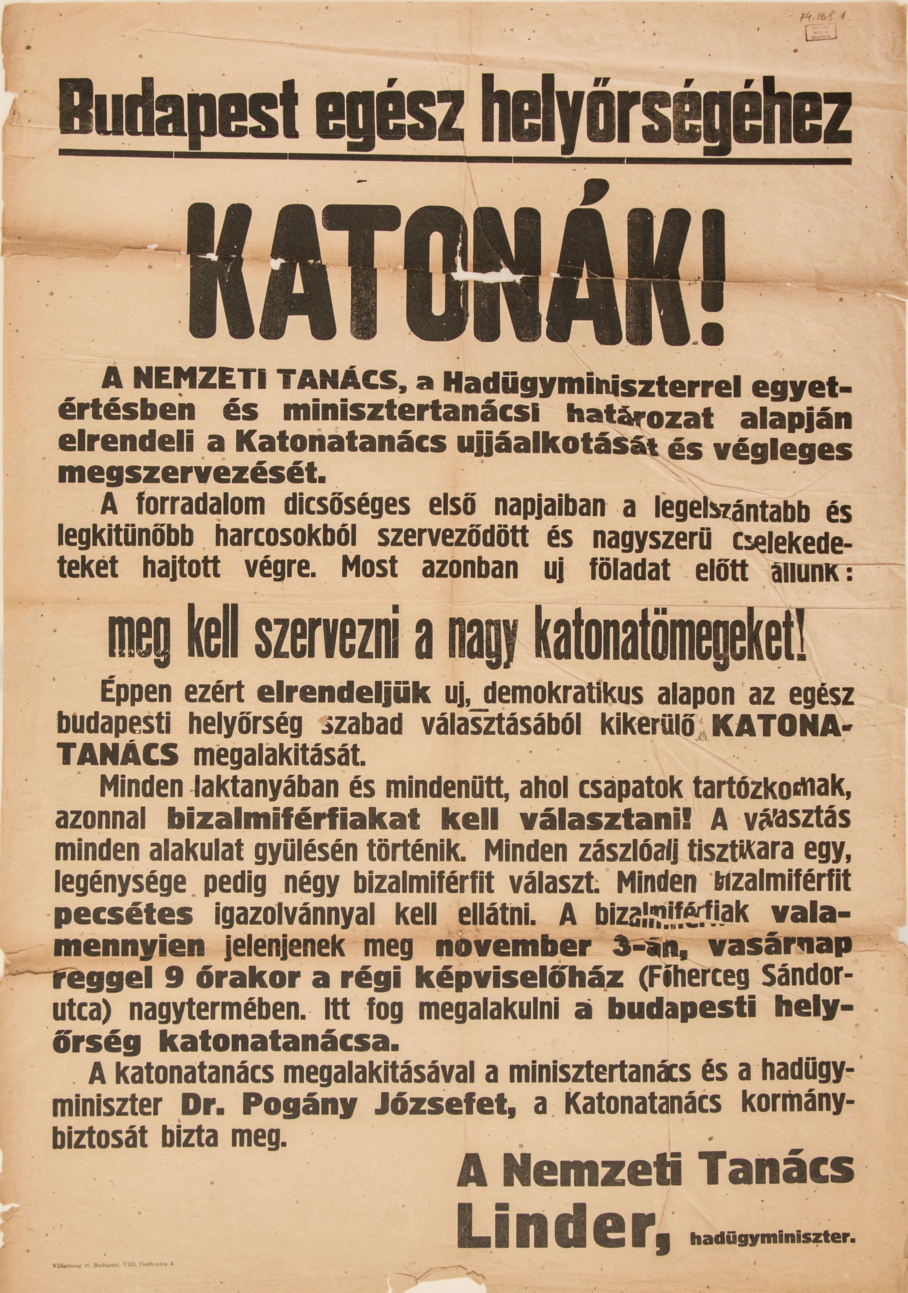 A Nemzeti Tanács hadügyminiszterének felhívása a katonákhoz a Katonatanács újjáalakításáról, 1918.11.03. (Ferenczy Múzeumi Centrum CC BY-NC-SA)