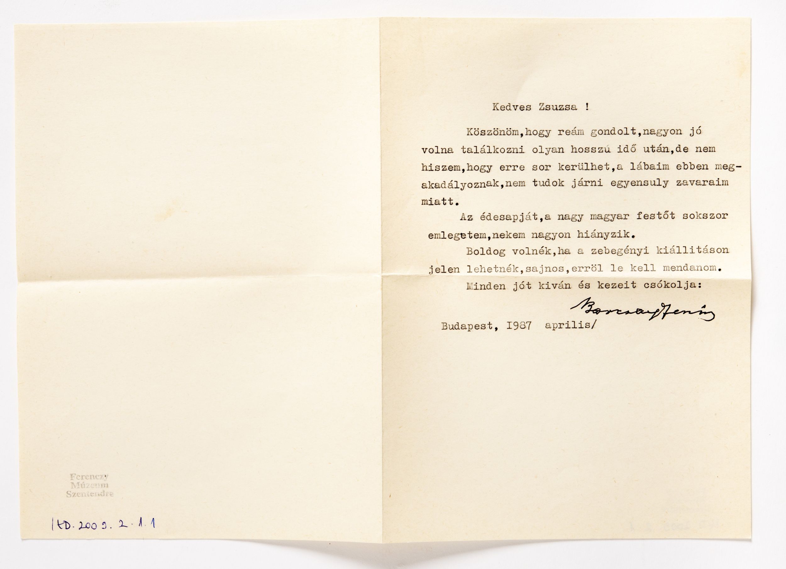 Barcsay Jenő levele Szőnyi Zsuzsához (Ferenczy Múzeumi Centrum CC BY-NC-SA)