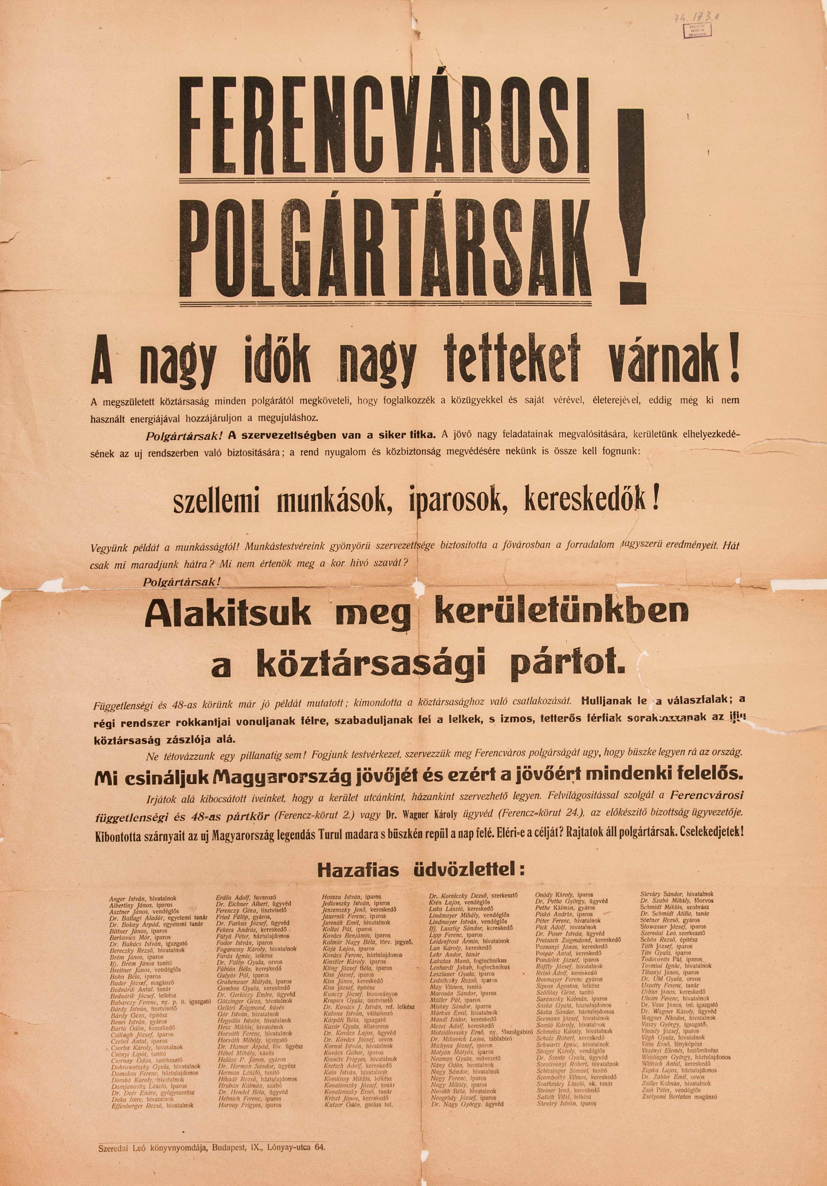 Felhívás a ferencvárosi polgárokhoz a köztársasági párt megalakításával kapcsolatban (Ferenczy Múzeumi Centrum CC BY-NC-SA)