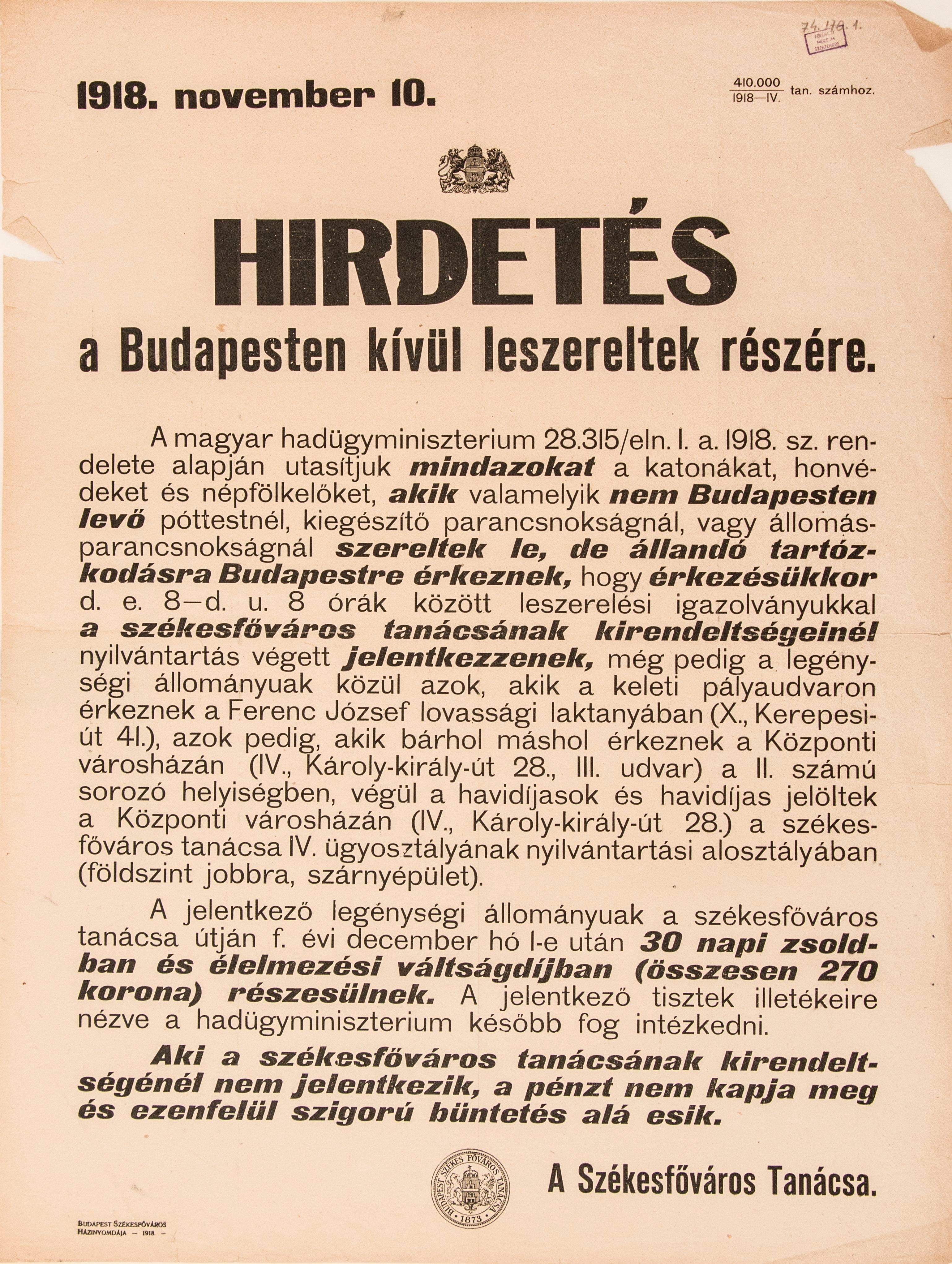 Hirdetés a Budapesten kívül leszereltek számára, 1918.11.10. (Ferenczy Múzeumi Centrum CC BY-NC-SA)