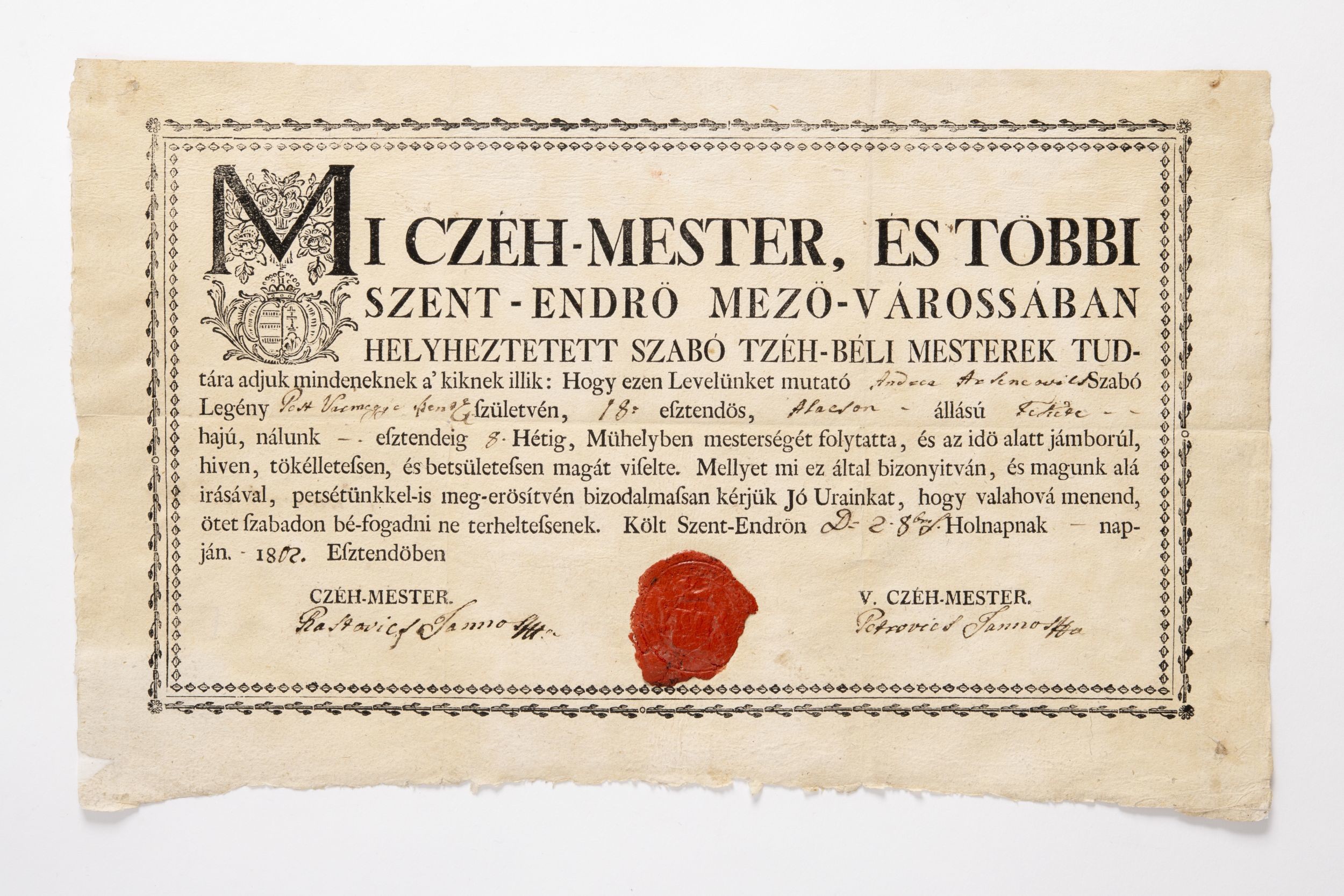 A szentendrei szabó céh magyar nyelvű szabadulólevele (Ferenczy Múzeumi Centrum CC BY-NC-SA)