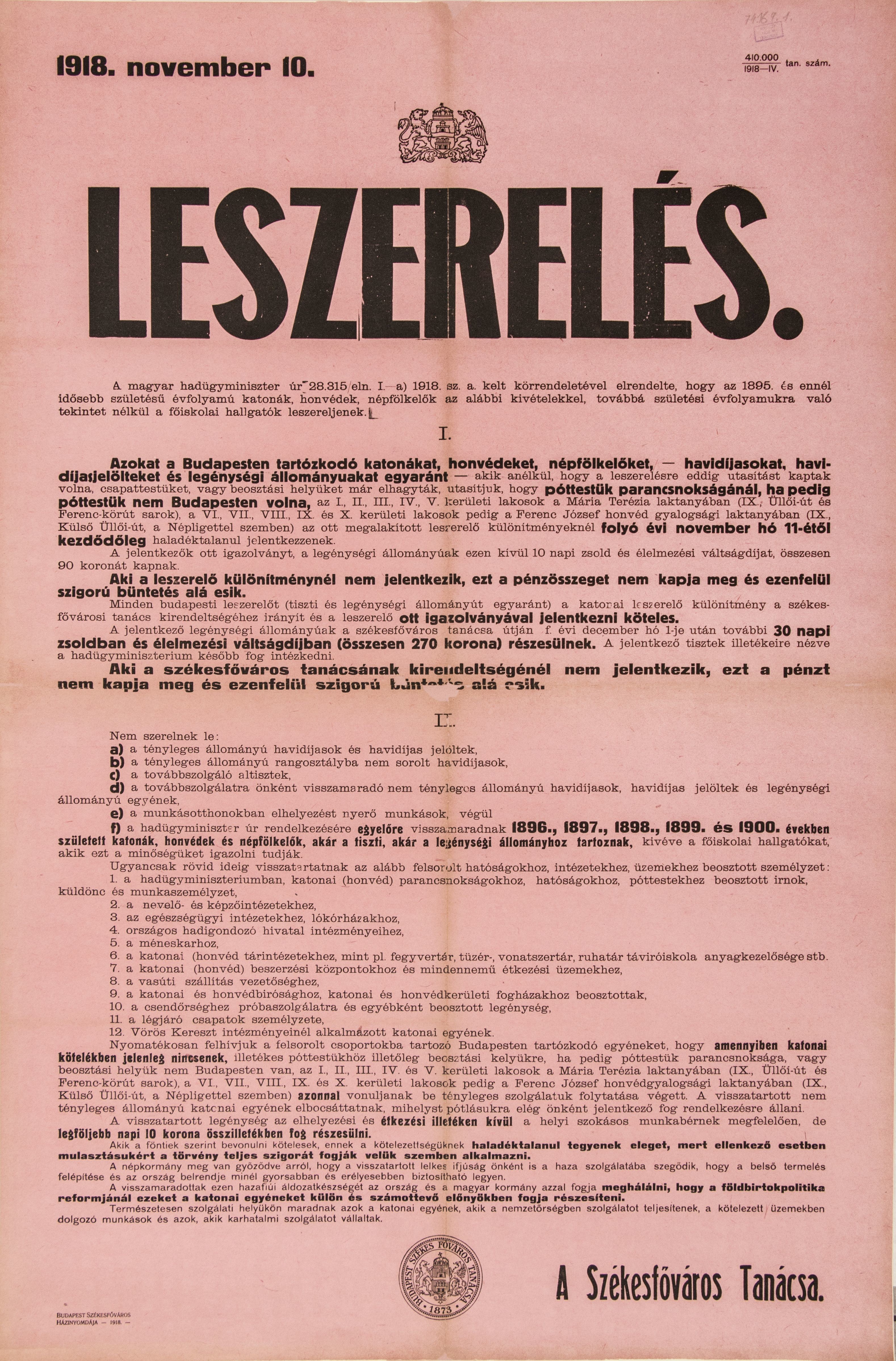 Leszereléssel kapcoslatos tudnivalók, 1918.11.10. (Ferenczy Múzeumi Centrum CC BY-NC-SA)
