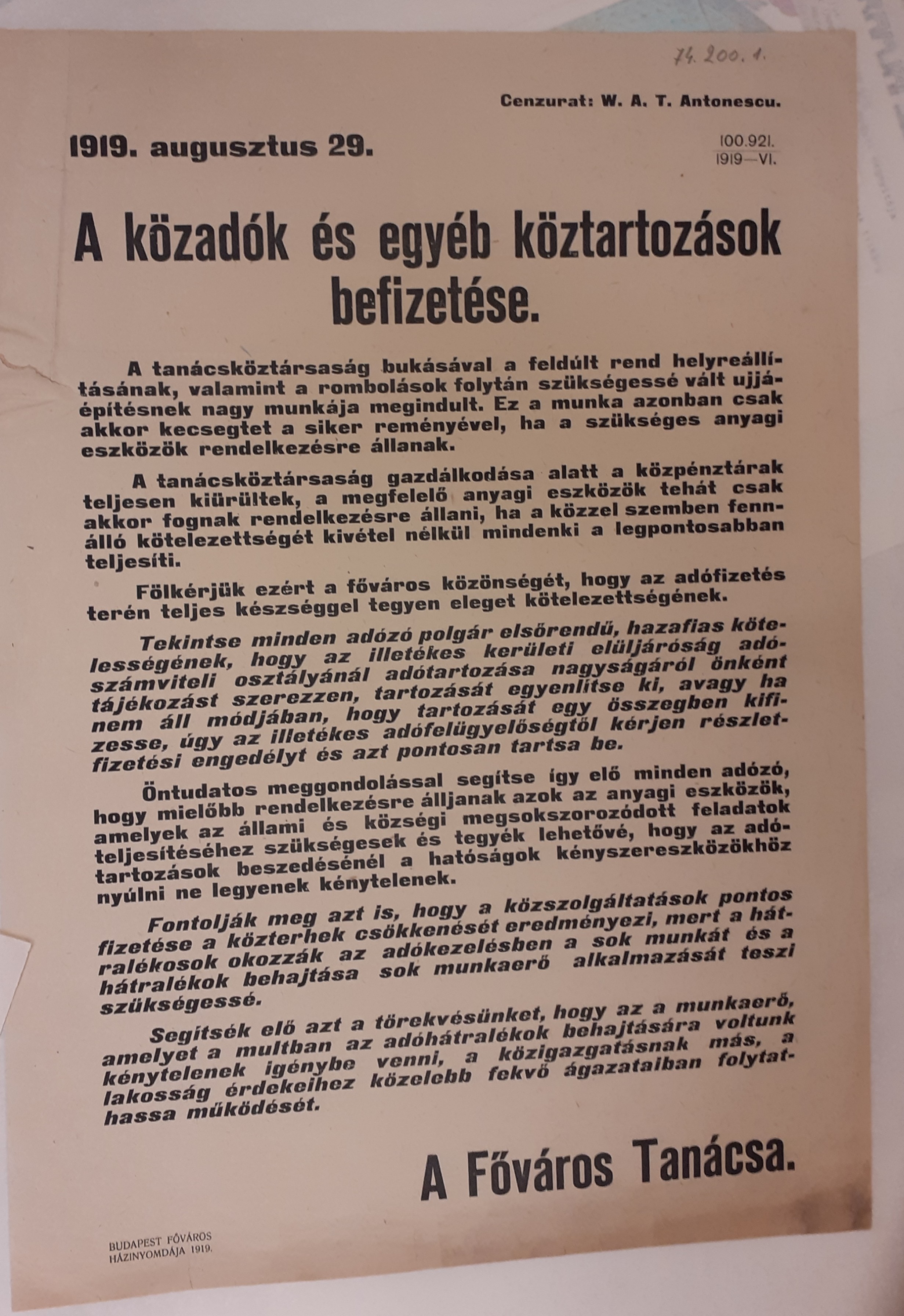 1919-es fővárosi plakát a közadók és egyéb tartozások befizetéséről (Ferenczy Múzeumi Centrum CC BY-NC-SA)