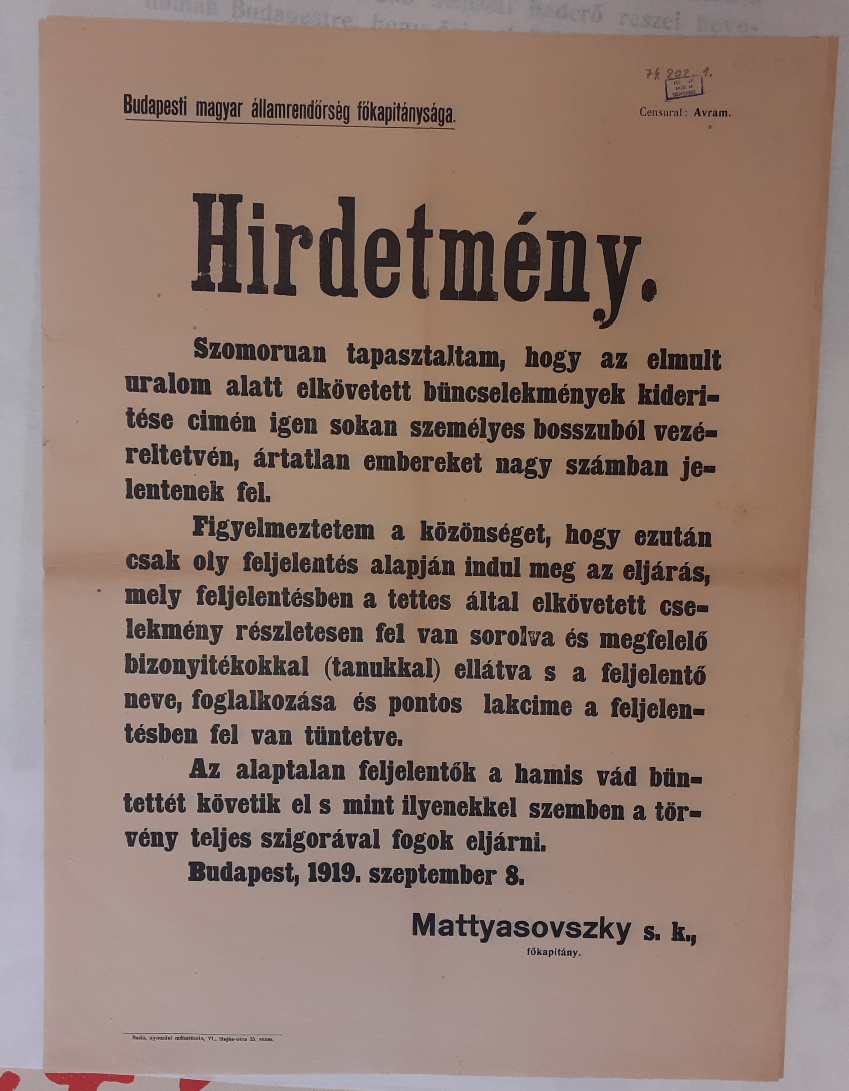 1919-es hirdetmény feljelentések miatt (Ferenczy Múzeumi Centrum CC BY-NC-SA)