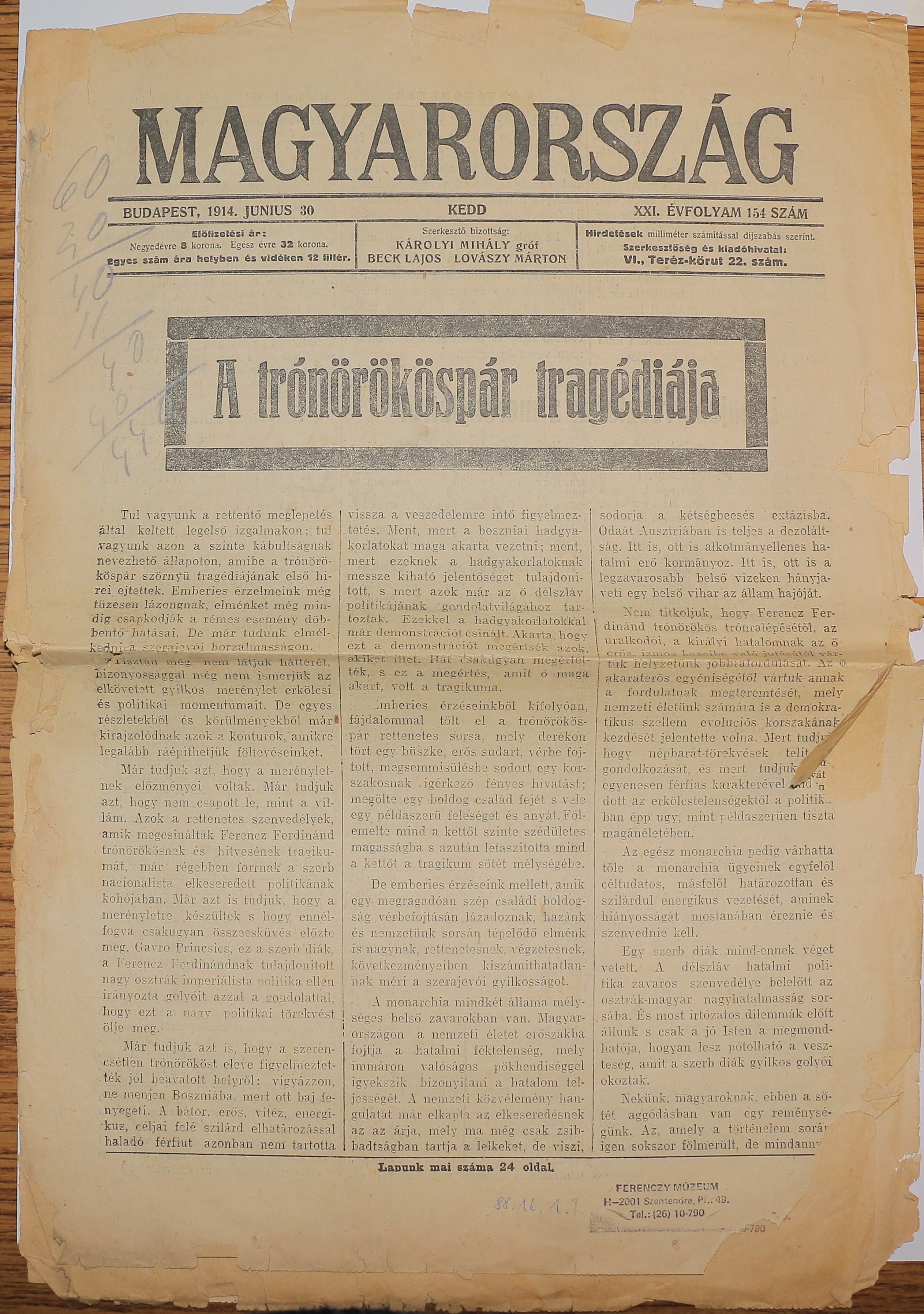 Magyarország c. újság XXI. évf. 154. sz. (1914. június 30.) (Ferenczy Múzeumi Centrum CC BY-NC-SA)