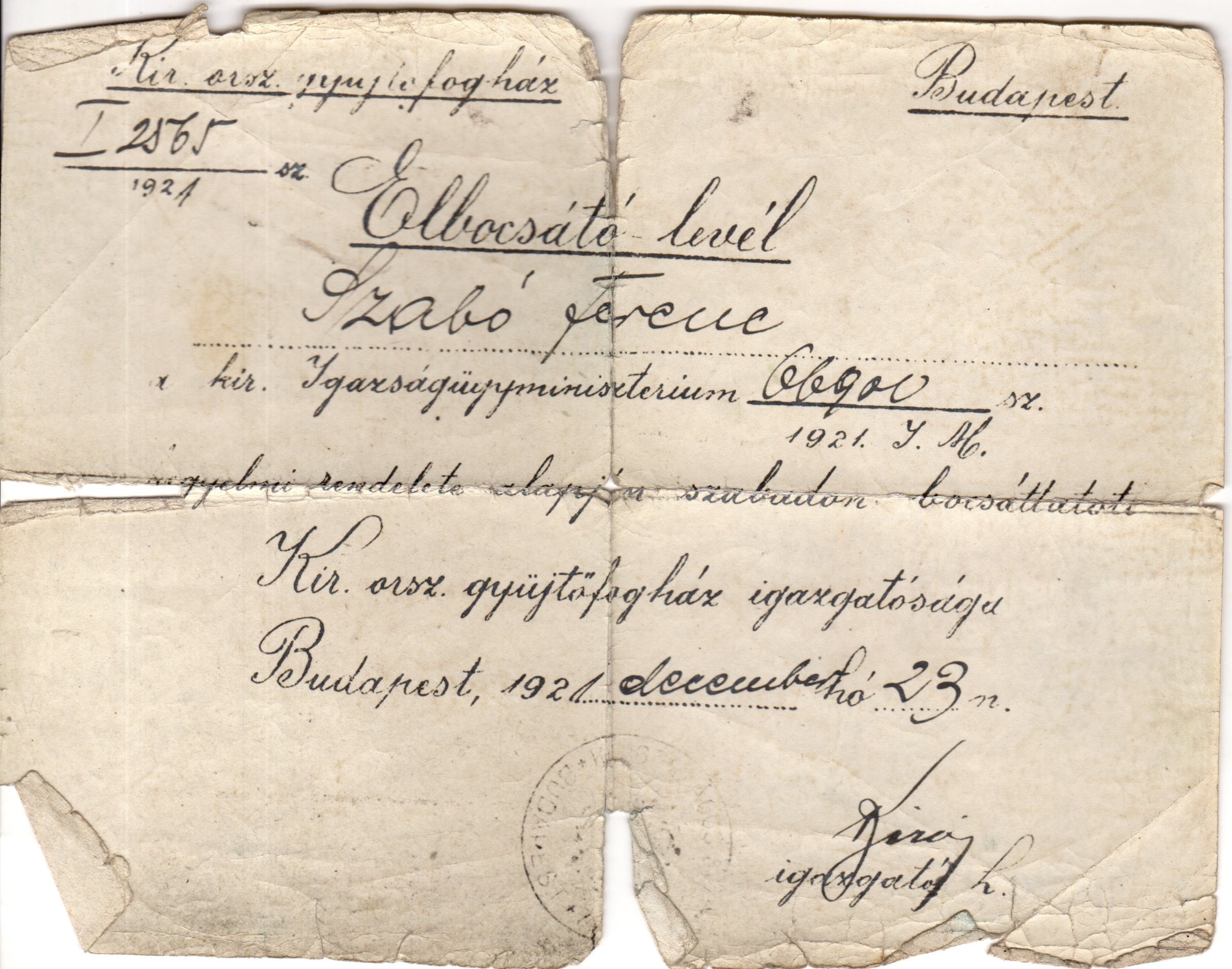 Elbocsátó levél (Ferenczy Múzeumi Centrum CC BY-NC-SA)