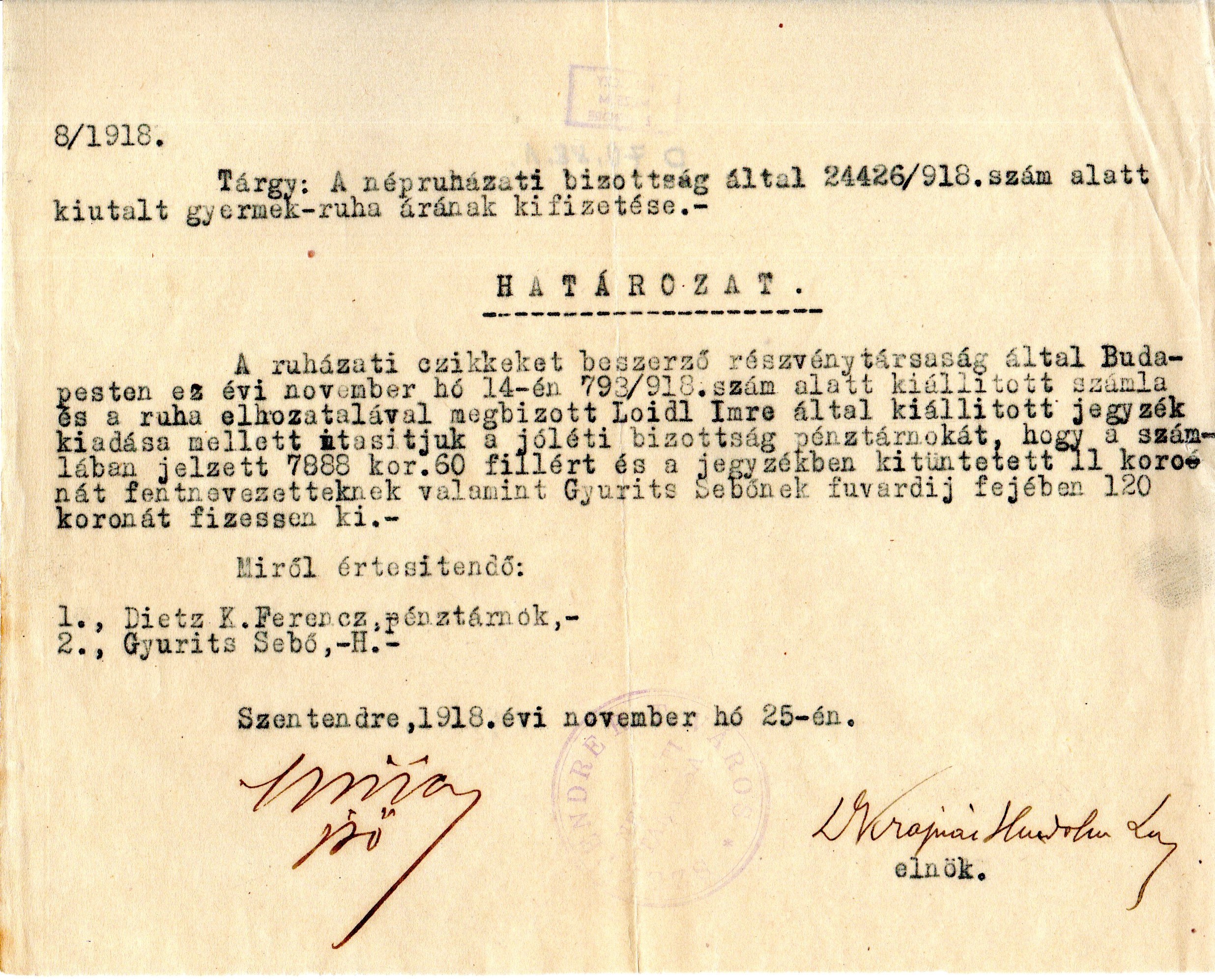 Határozat gyermekruha kifizetésről, 1918 (Ferenczy Múzeumi Centrum CC BY-NC-SA)