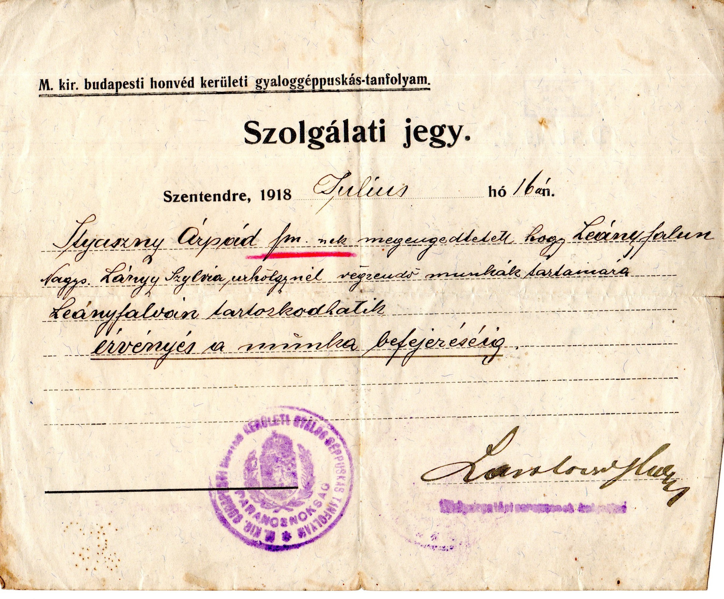 Szolgálati jegy, 1918. Szentendre (Ferenczy Múzeumi Centrum CC BY-NC-SA)