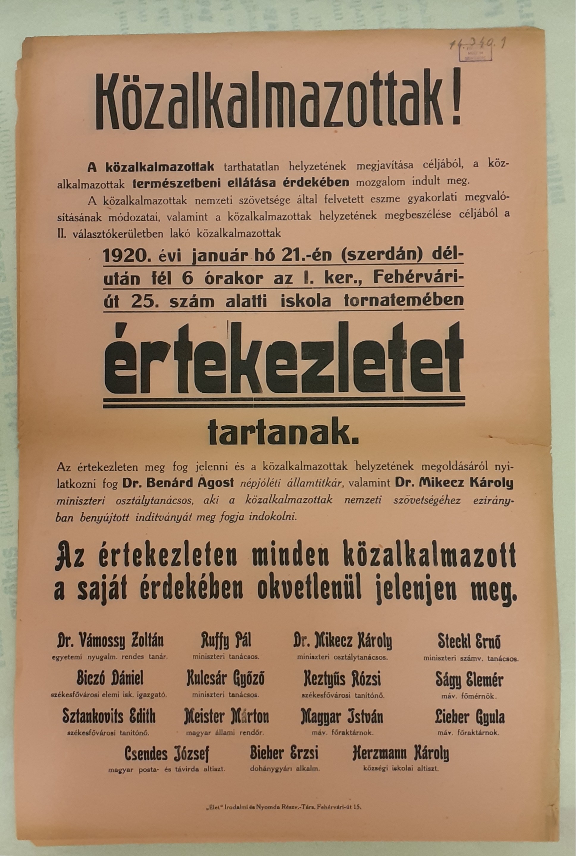 Plakát a közalkalmazottak értekezletéről (1920.01.21.) (Ferenczy Múzeumi Centrum CC BY-NC-SA)