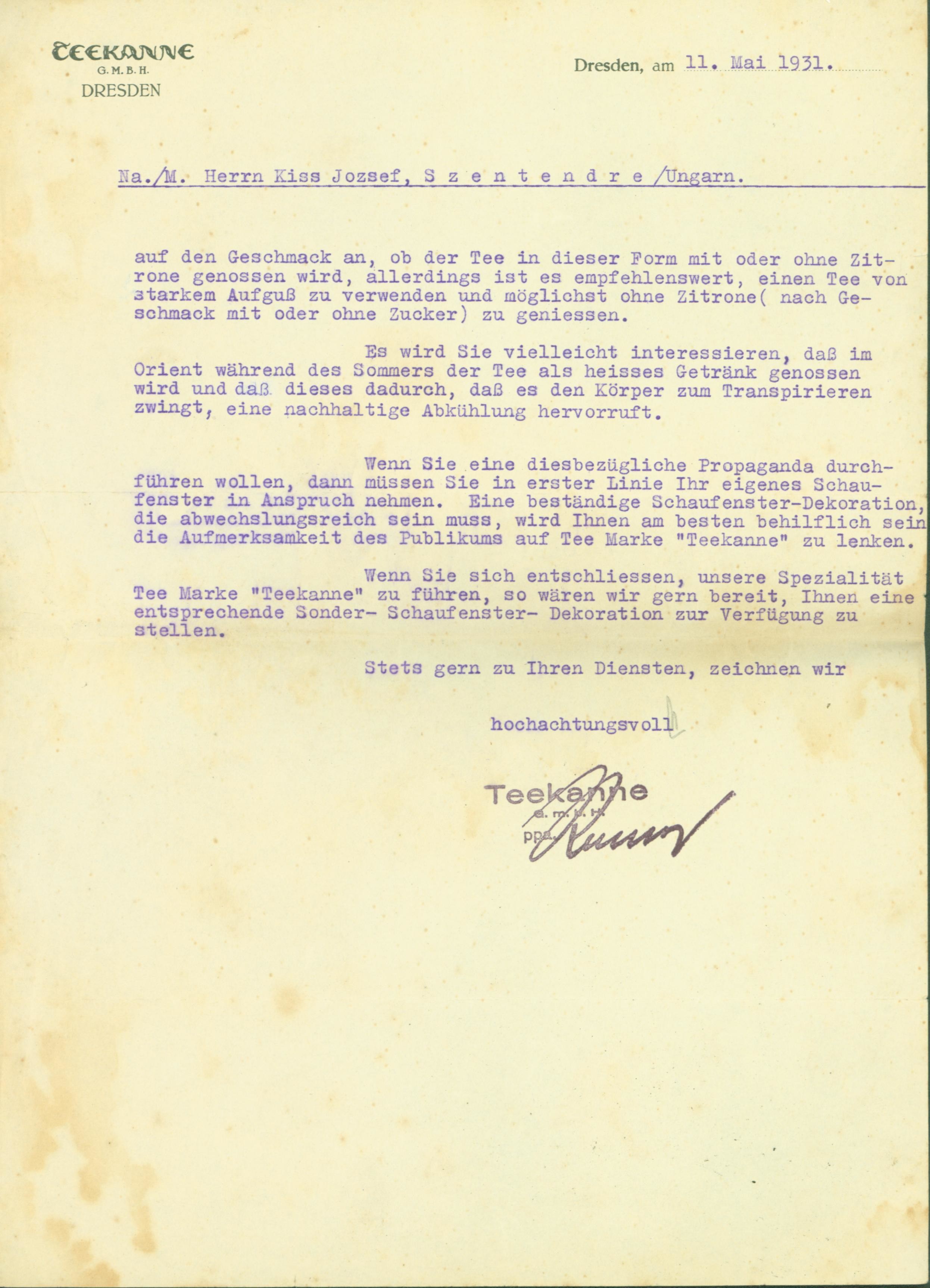 Német nyelvű levél Kiss József kereskedőnek (1931) (Ferenczy Múzeumi Centrum CC BY-NC-SA)