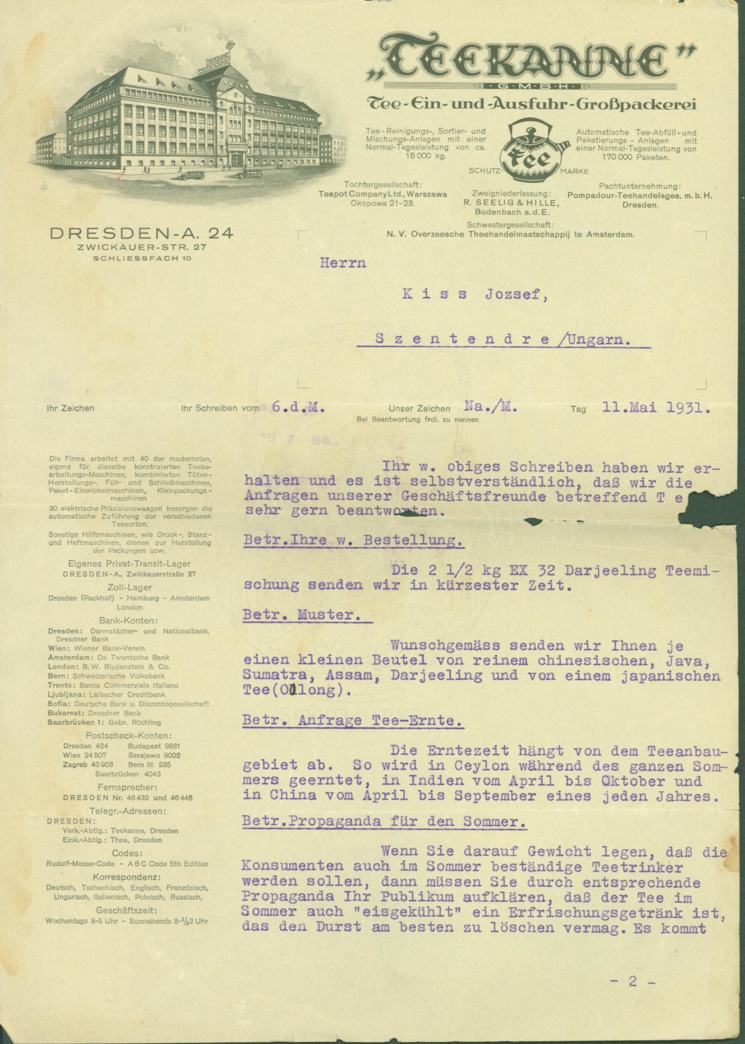 Német nyelvű levél a Teekanne cégtől Kiss Józsefnek (1931) (Ferenczy Múzeumi Centrum CC BY-NC-SA)