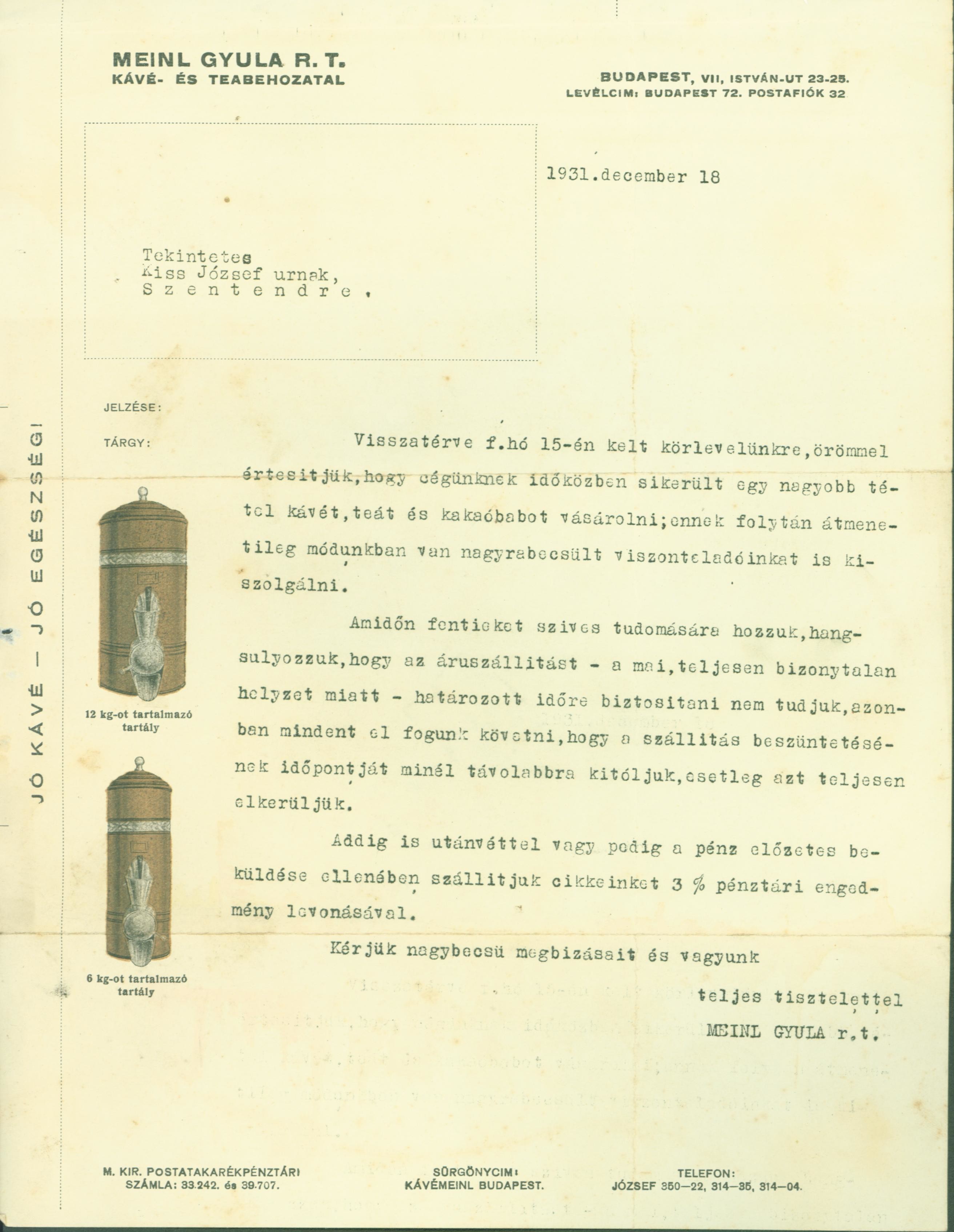 Meinl Gyula levele Kiss Józsefnek kávé, tea, kakaóbab áruszállításról (1931) (Ferenczy Múzeumi Centrum CC BY-NC-SA)