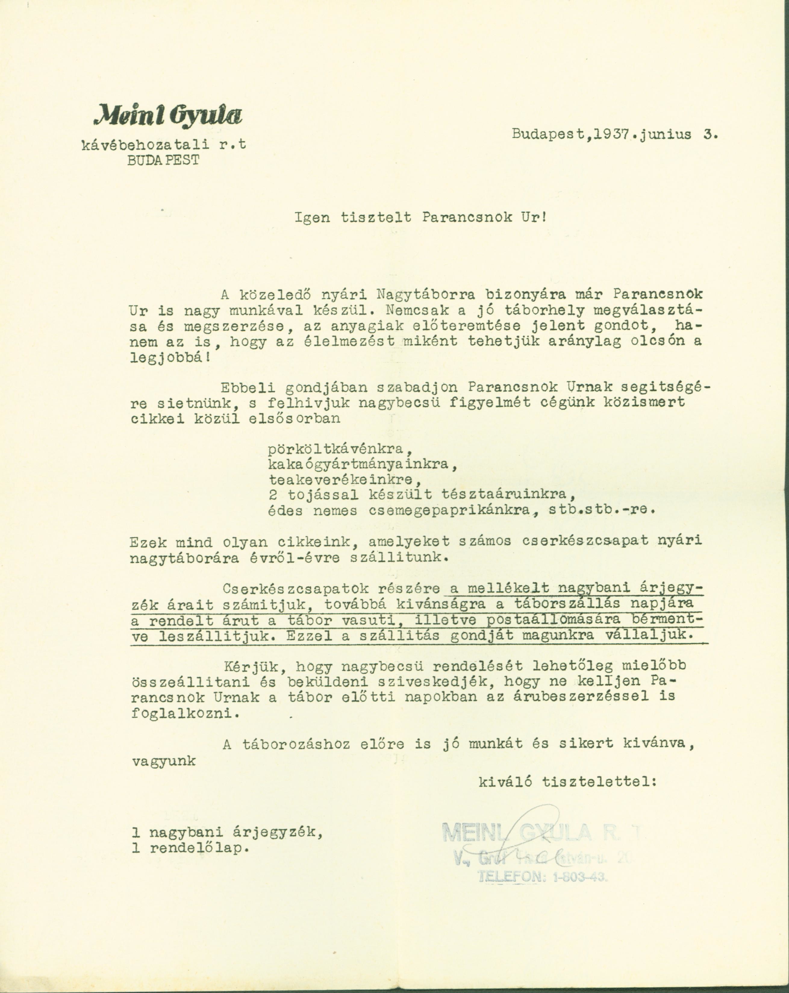 Meinl Gyula 1937-ben kelt levele szállítmányról (Ferenczy Múzeumi Centrum CC BY-NC-SA)