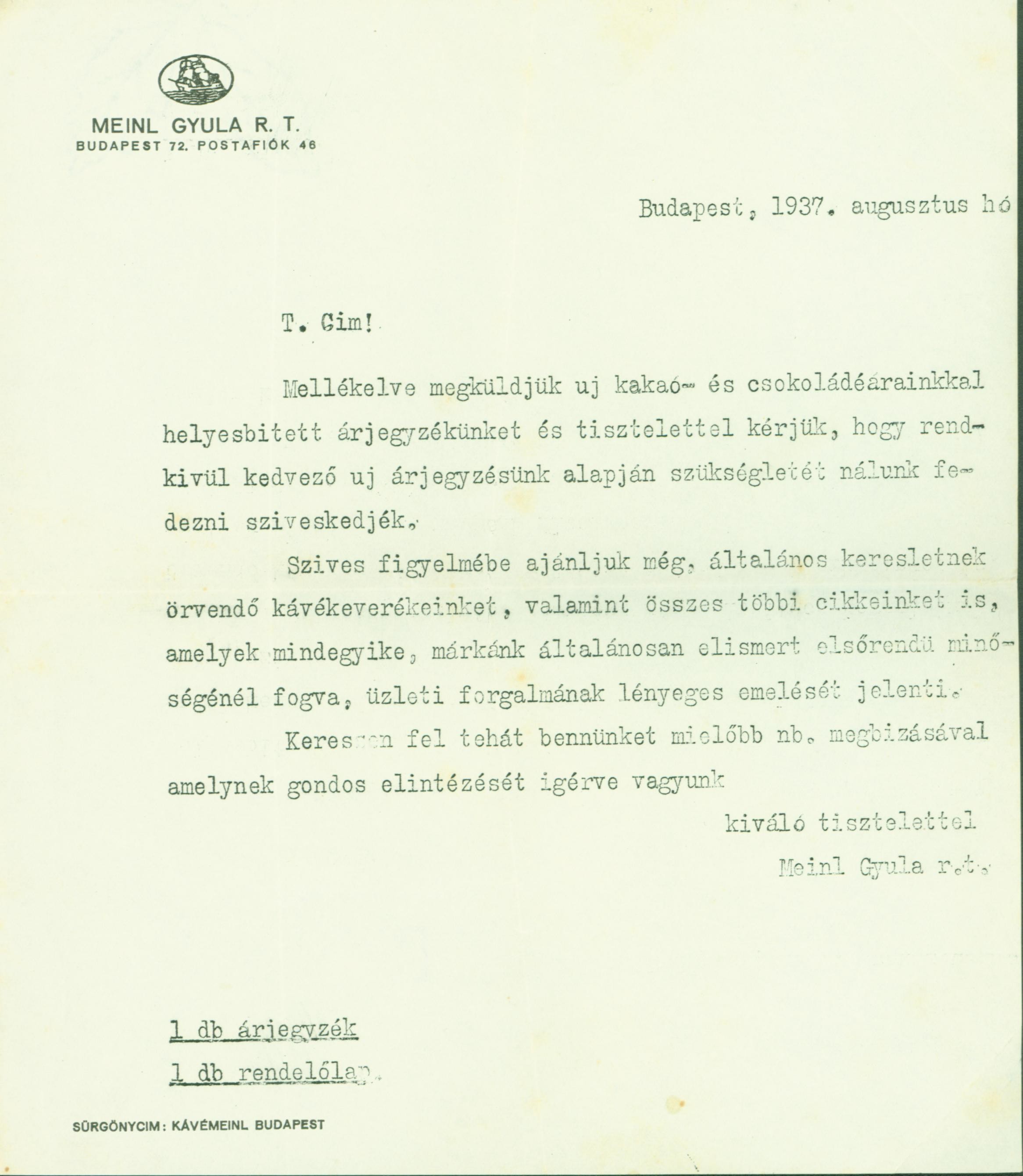 Meinl Gyula 1937-ben kelt levele (Ferenczy Múzeumi Centrum CC BY-NC-SA)