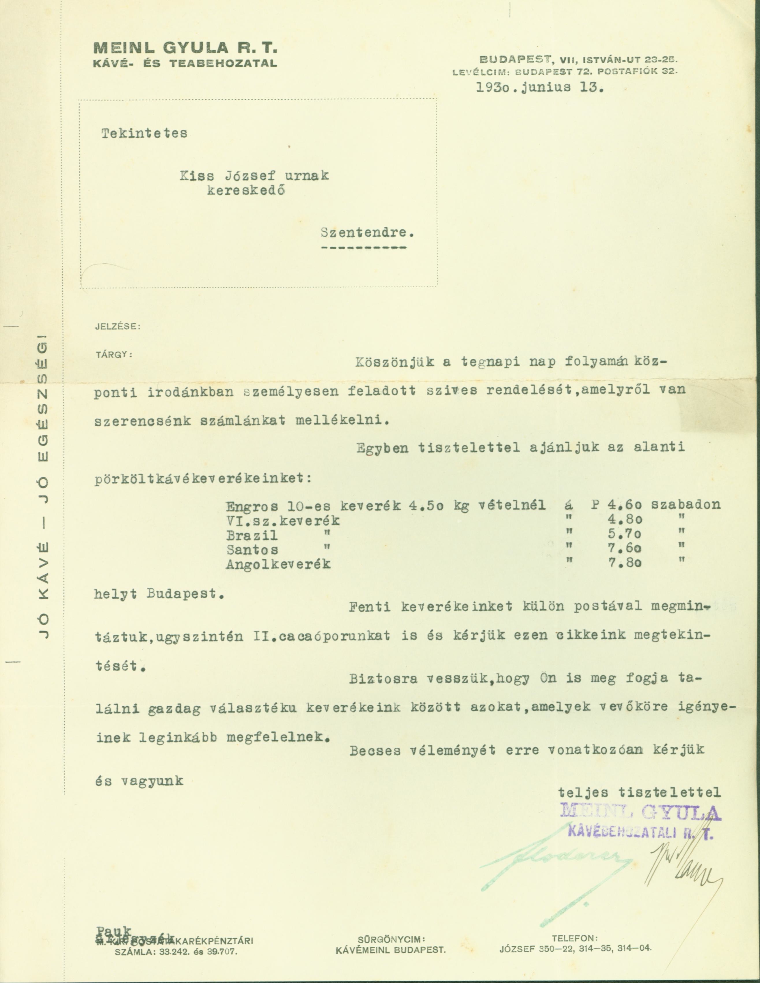 Meinl Gyula levele Kiss József szentendrei kereskedőnek (1930) (Ferenczy Múzeumi Centrum CC BY-NC-SA)