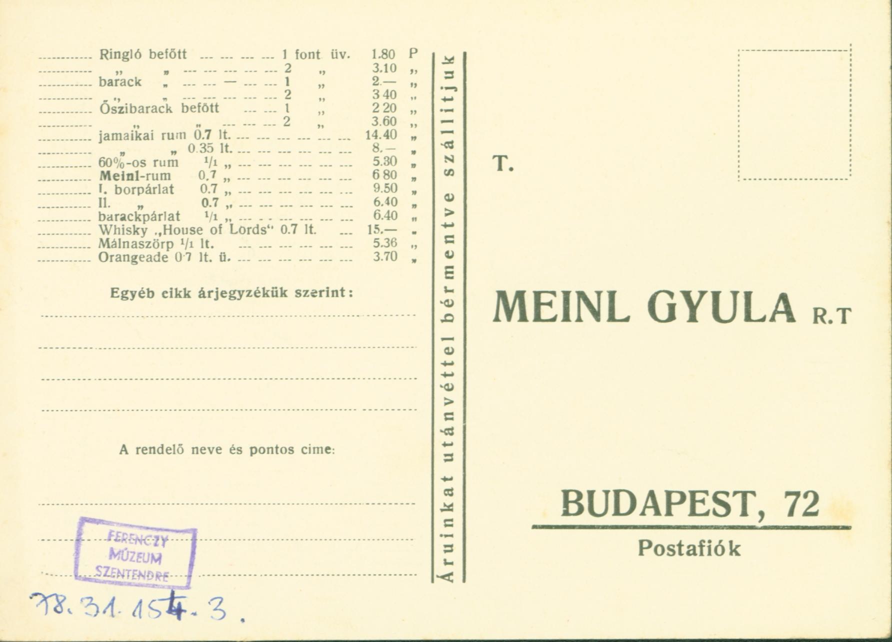 Levelezőlap árjegyzékkel a Meinl Gyula R.T.-től (Ferenczy Múzeumi Centrum CC BY-NC-SA)