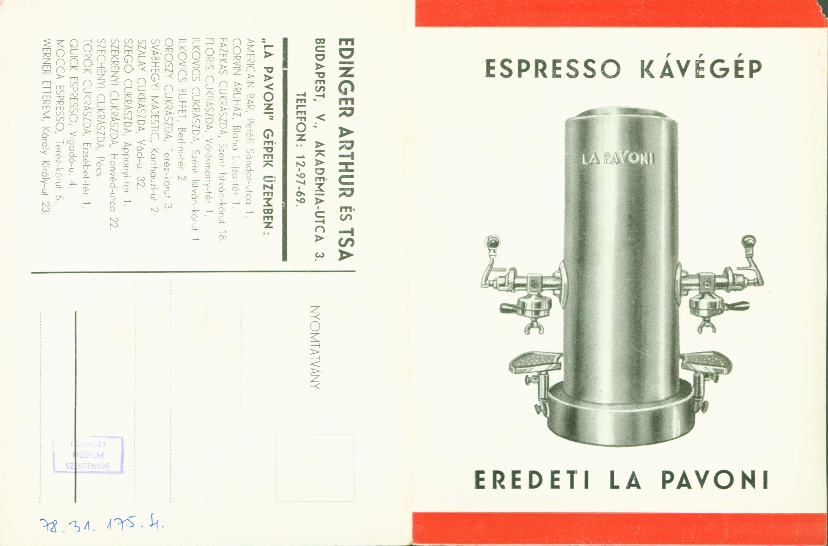 La Pavoni kávéfőzőgép prospektusa (Ferenczy Múzeumi Centrum CC BY-NC-SA)