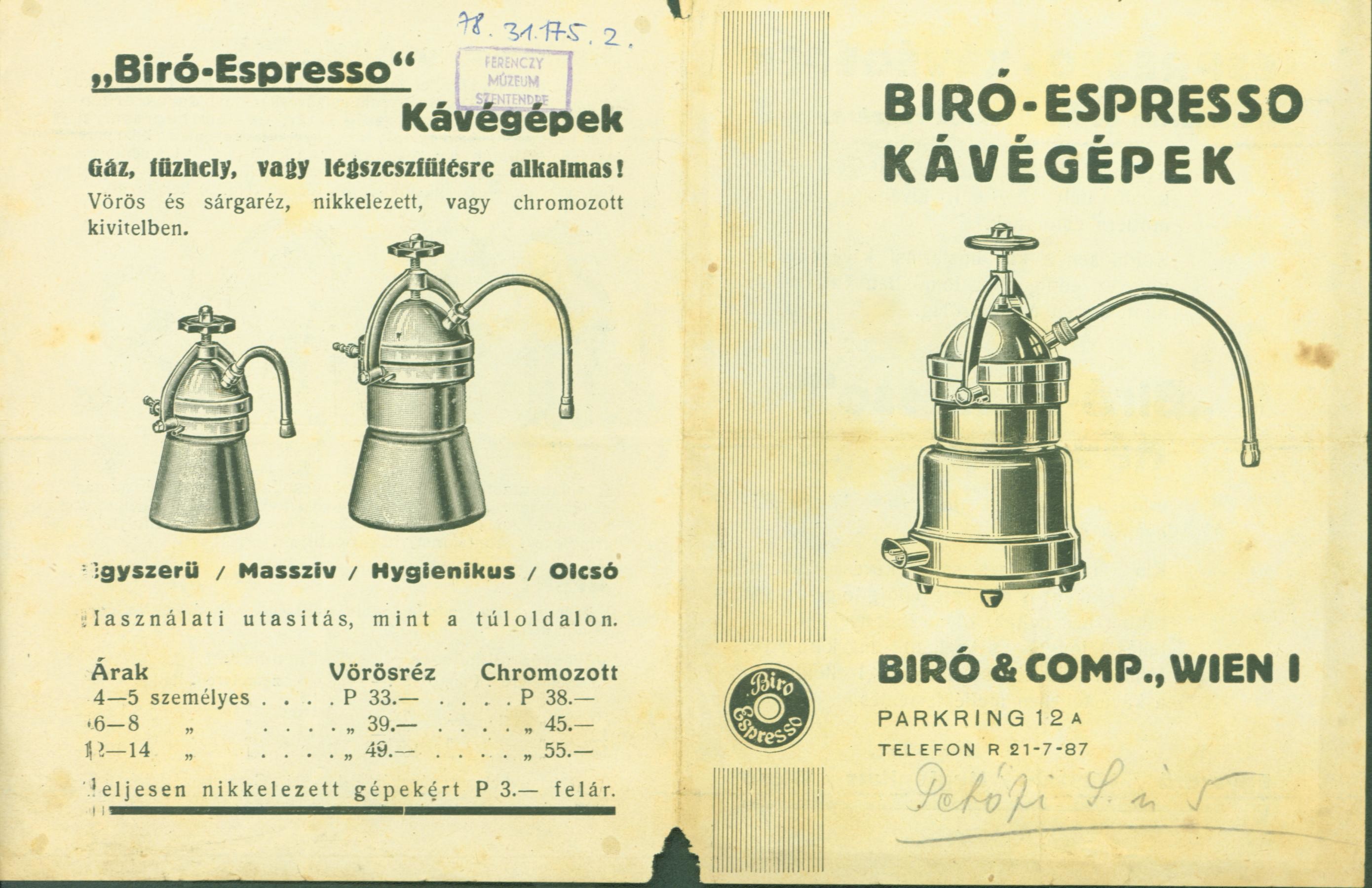Biró espresso kávégép prospektusa (Ferenczy Múzeumi Centrum CC BY-NC-SA)