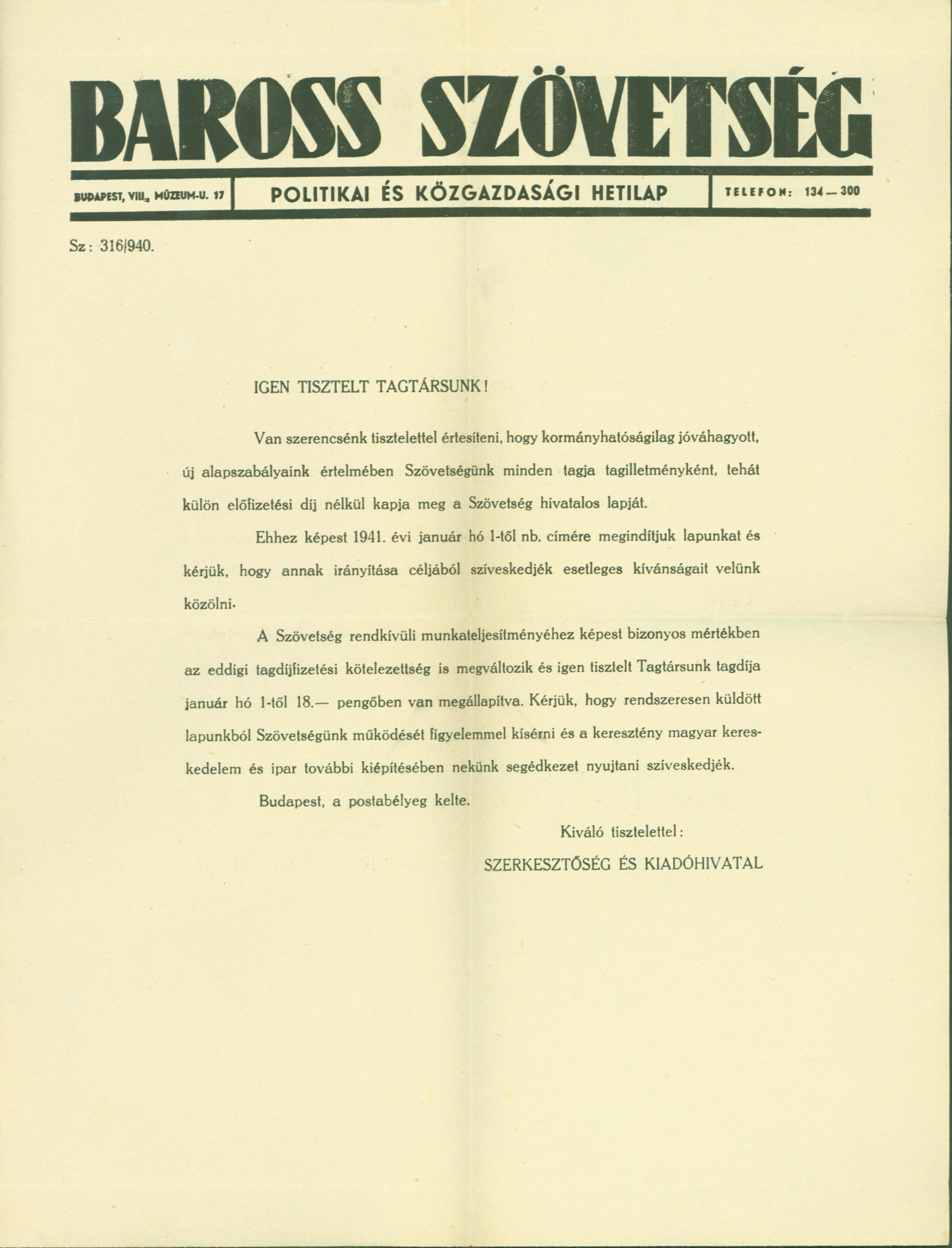 Szerkesztőségi levél a Baross Szövetség hetilaptól (1941) (Ferenczy Múzeumi Centrum CC BY-NC-SA)