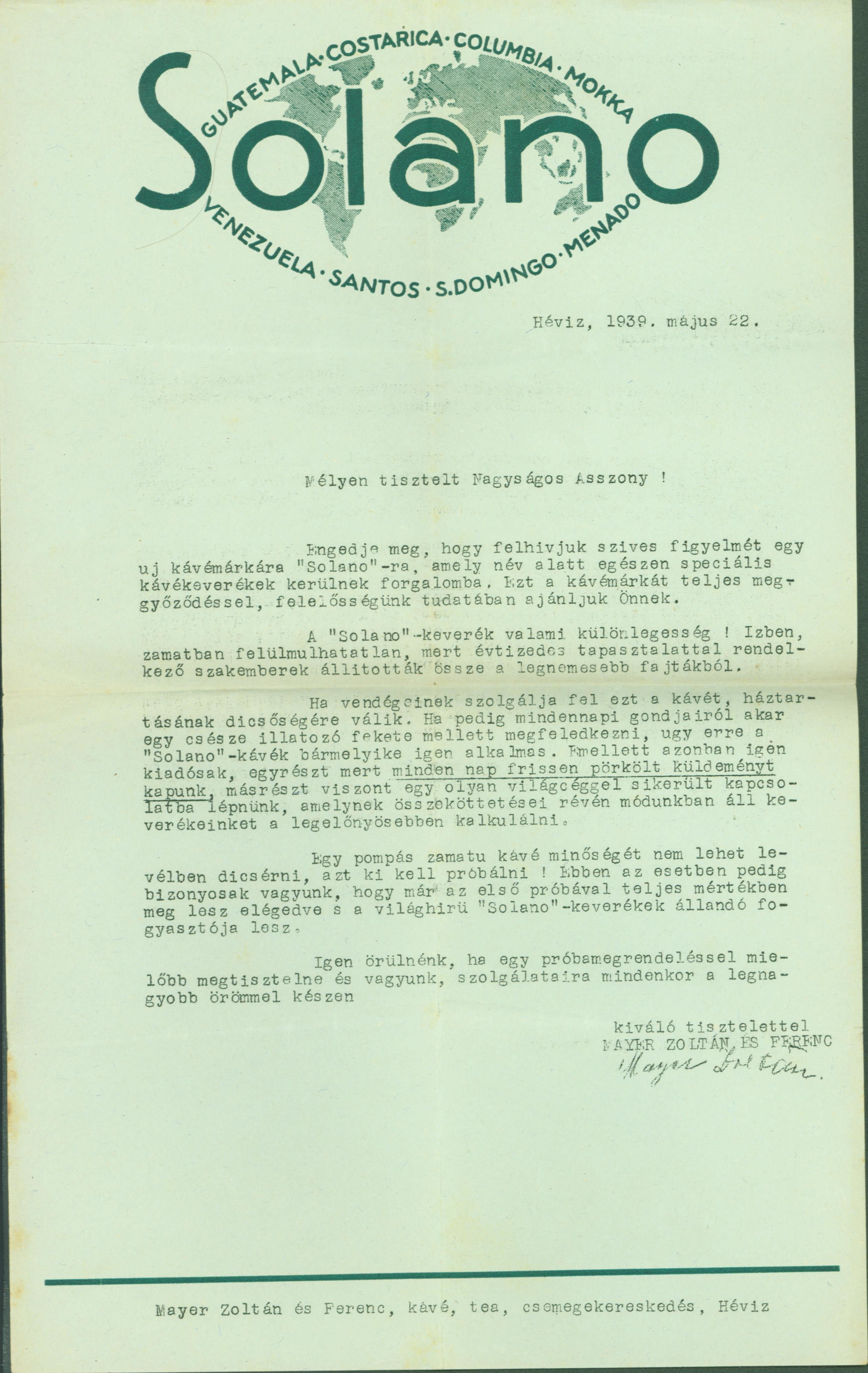 Solano kávé ajánló, levél (1939) (Ferenczy Múzeumi Centrum CC BY-NC-SA)