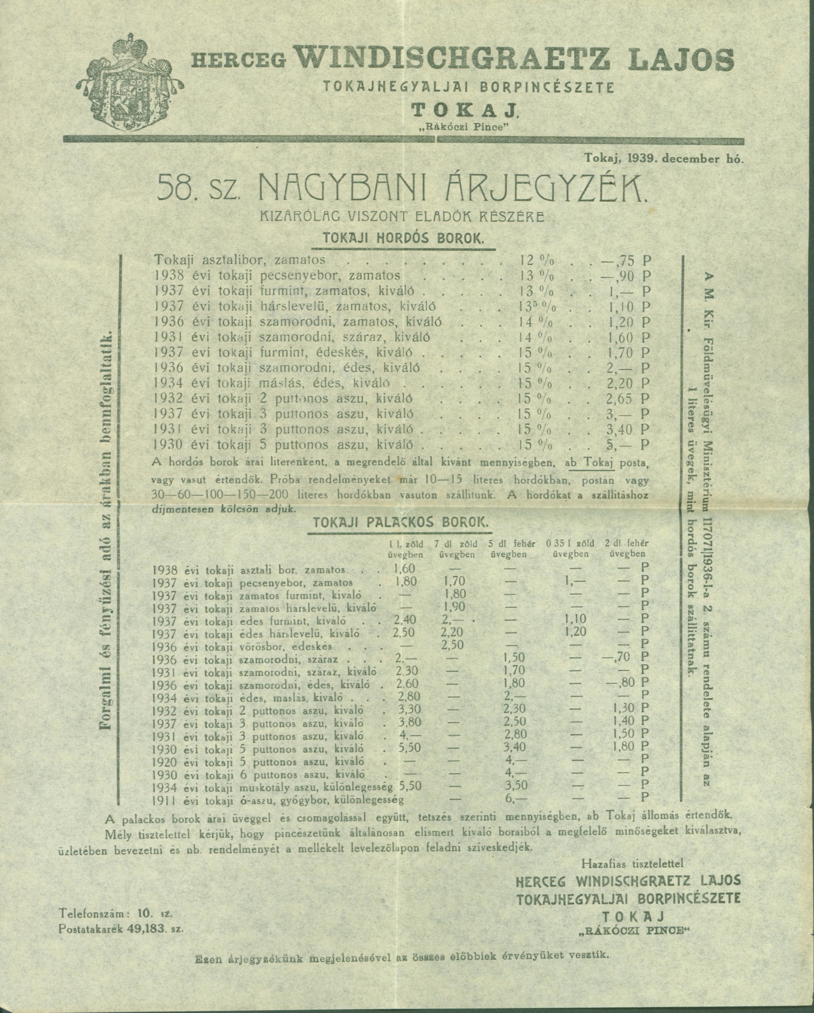 Tokajhegyaljai borpincészet árjegyzék (1939) (Ferenczy Múzeumi Centrum CC BY-NC-SA)