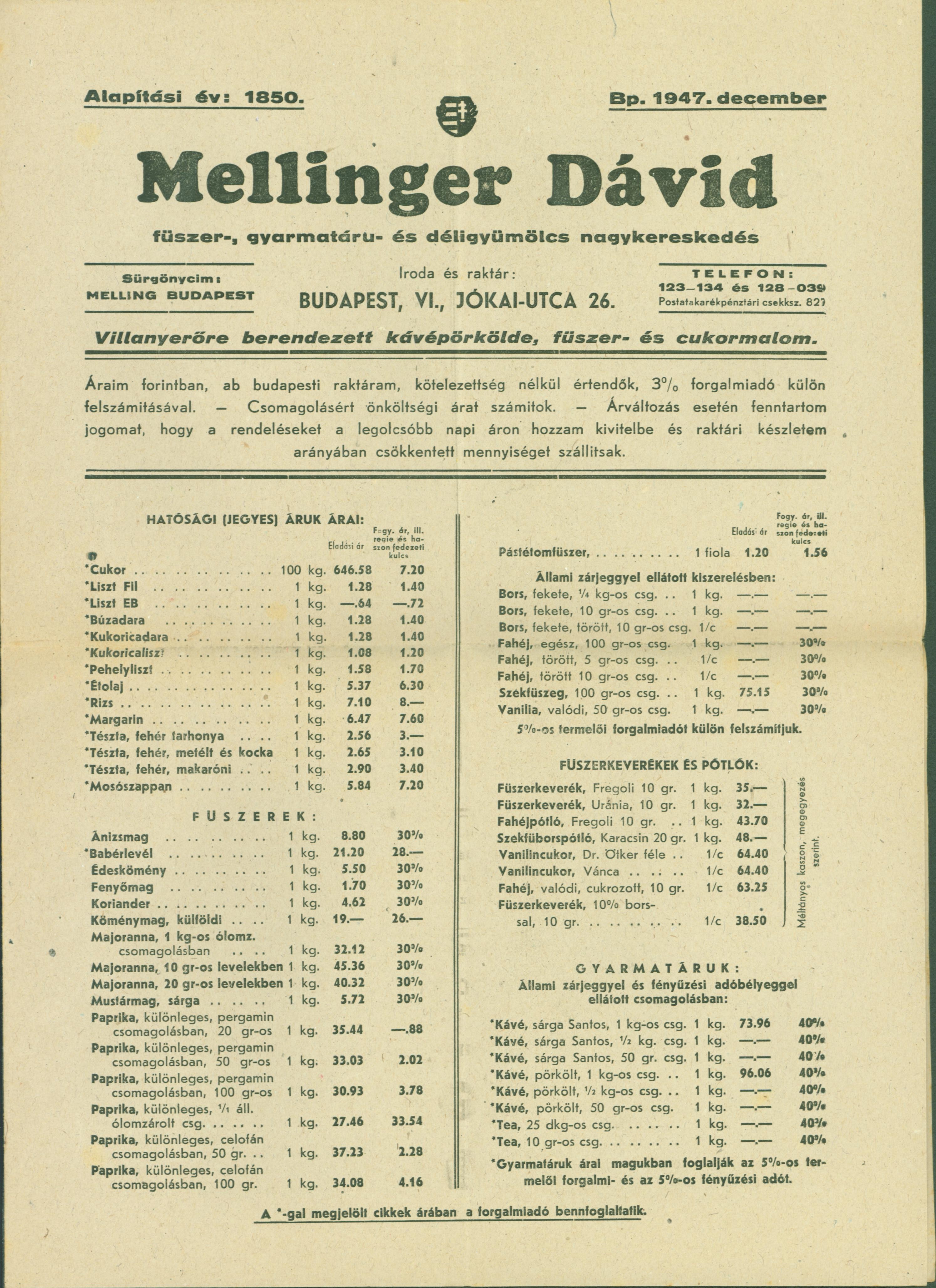 Mellinger Dávid kereskedő árjegyzéke (1947) (Ferenczy Múzeumi Centrum CC BY-NC-SA)