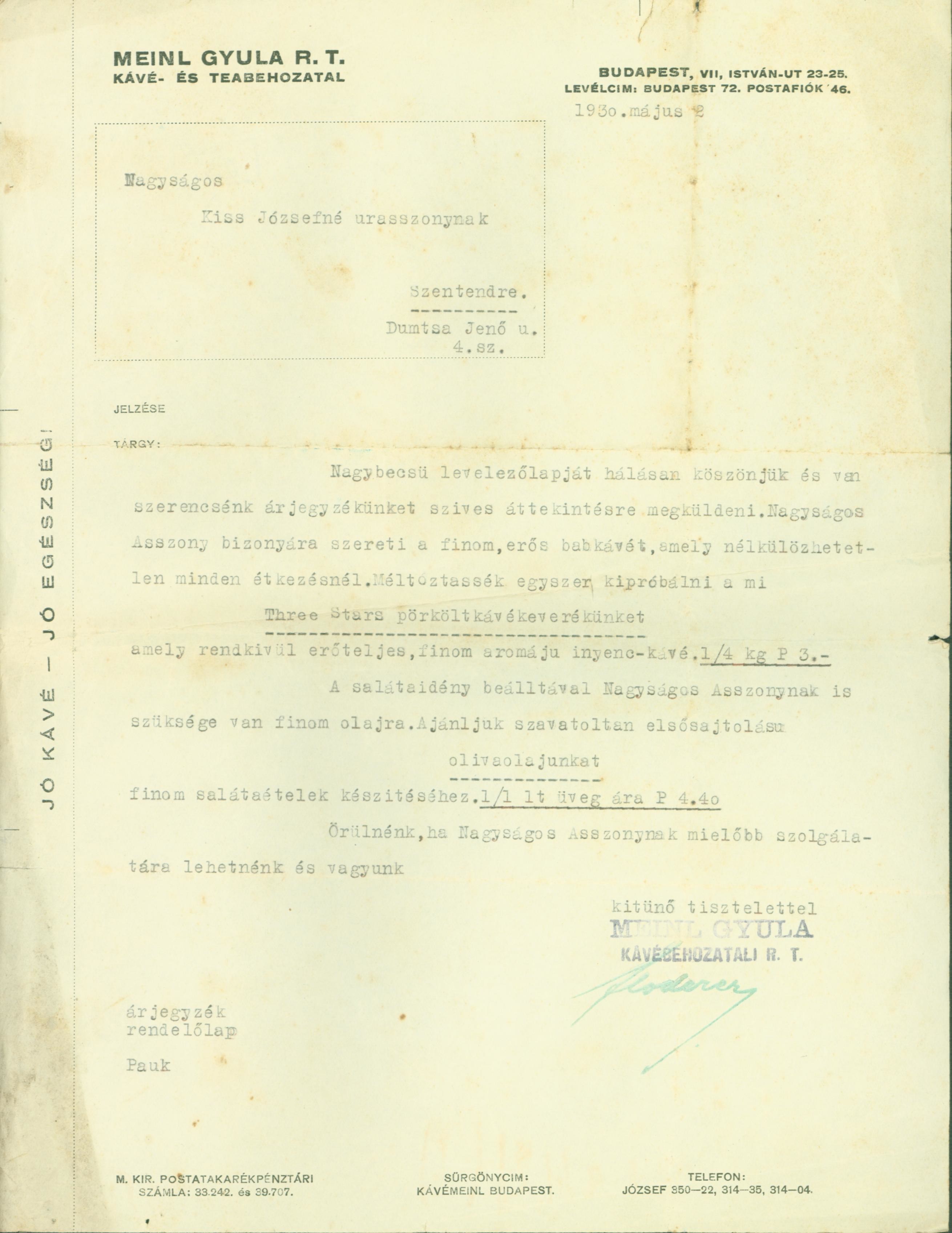 Meinl Gyula levele a szentendrei Kiss Józsefnének (1930) (Ferenczy Múzeumi Centrum CC BY-NC-SA)