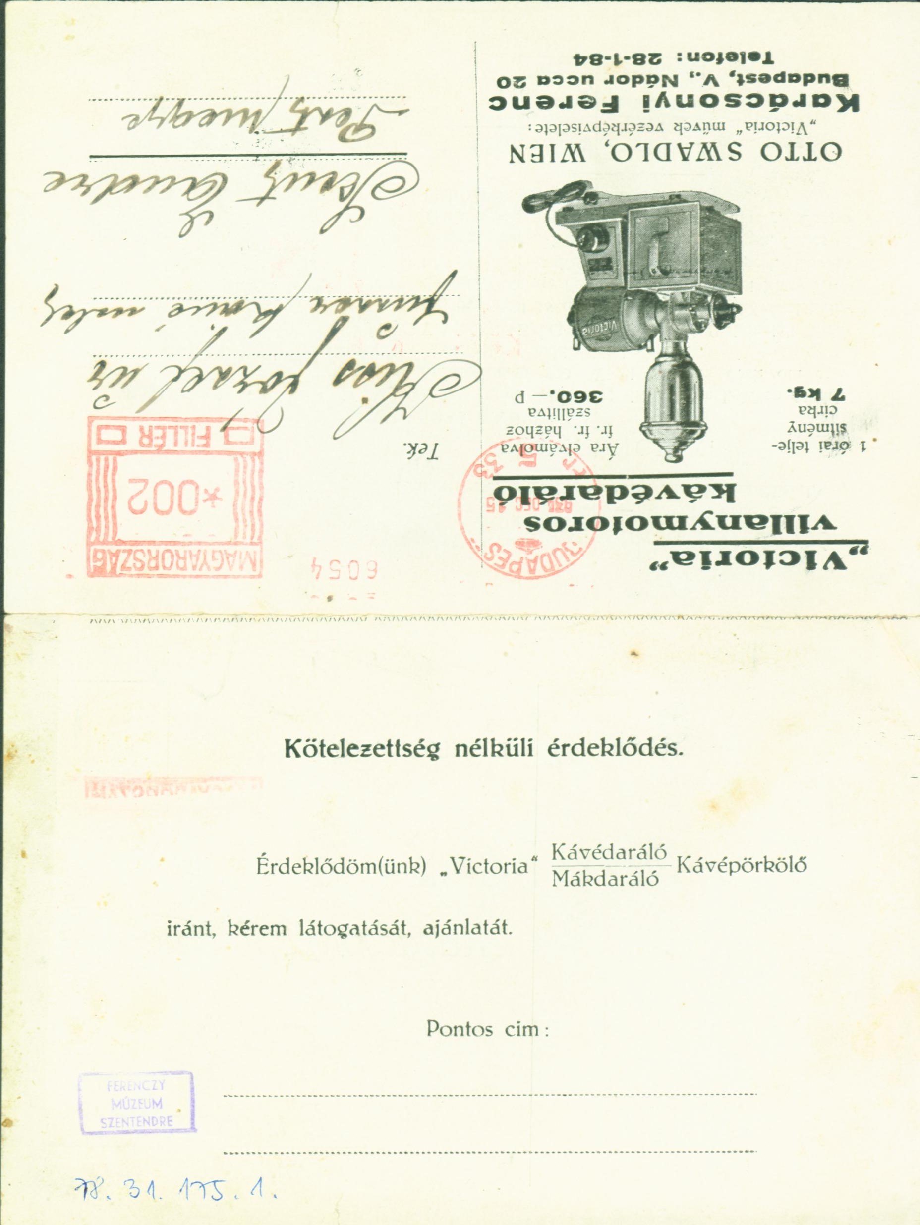 Levelezőlap a Victoria villanymotoros kávédarálóról (1934) (Ferenczy Múzeumi Centrum CC BY-NC-SA)