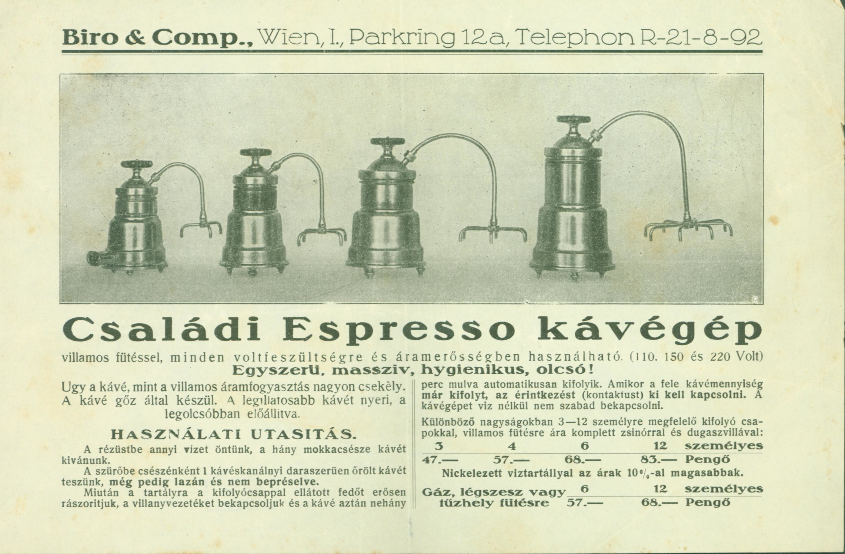 Családi espresso kávégép prospektus (Bécs) (Ferenczy Múzeumi Centrum CC BY-NC-SA)