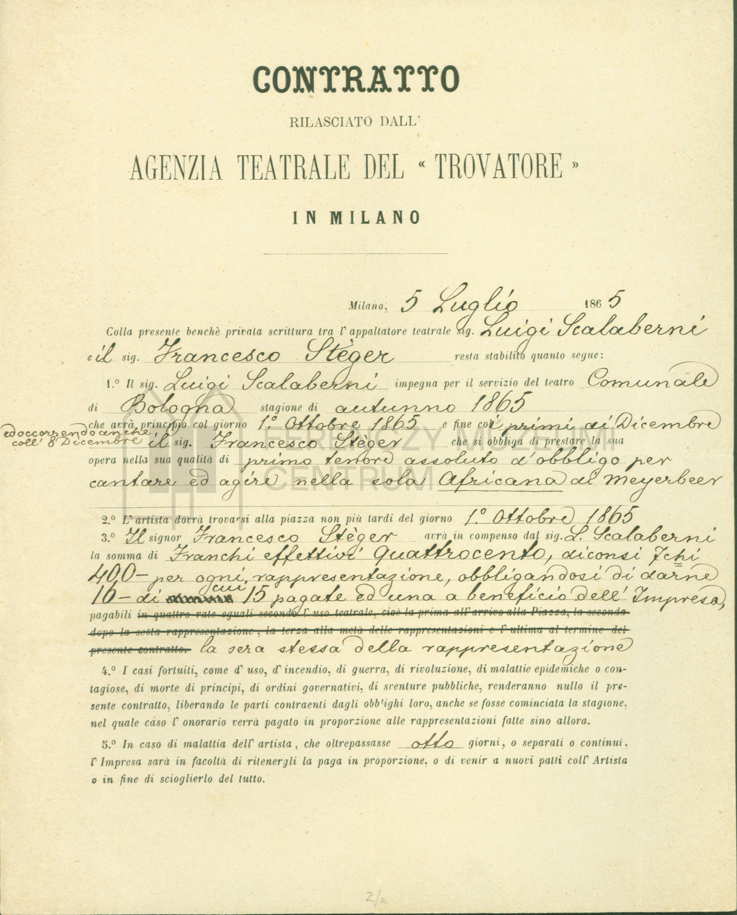"Contratto" Stéger Ferenc milánói szerződése (1865) (Ferenczy Múzeumi Centrum CC BY-NC-SA)