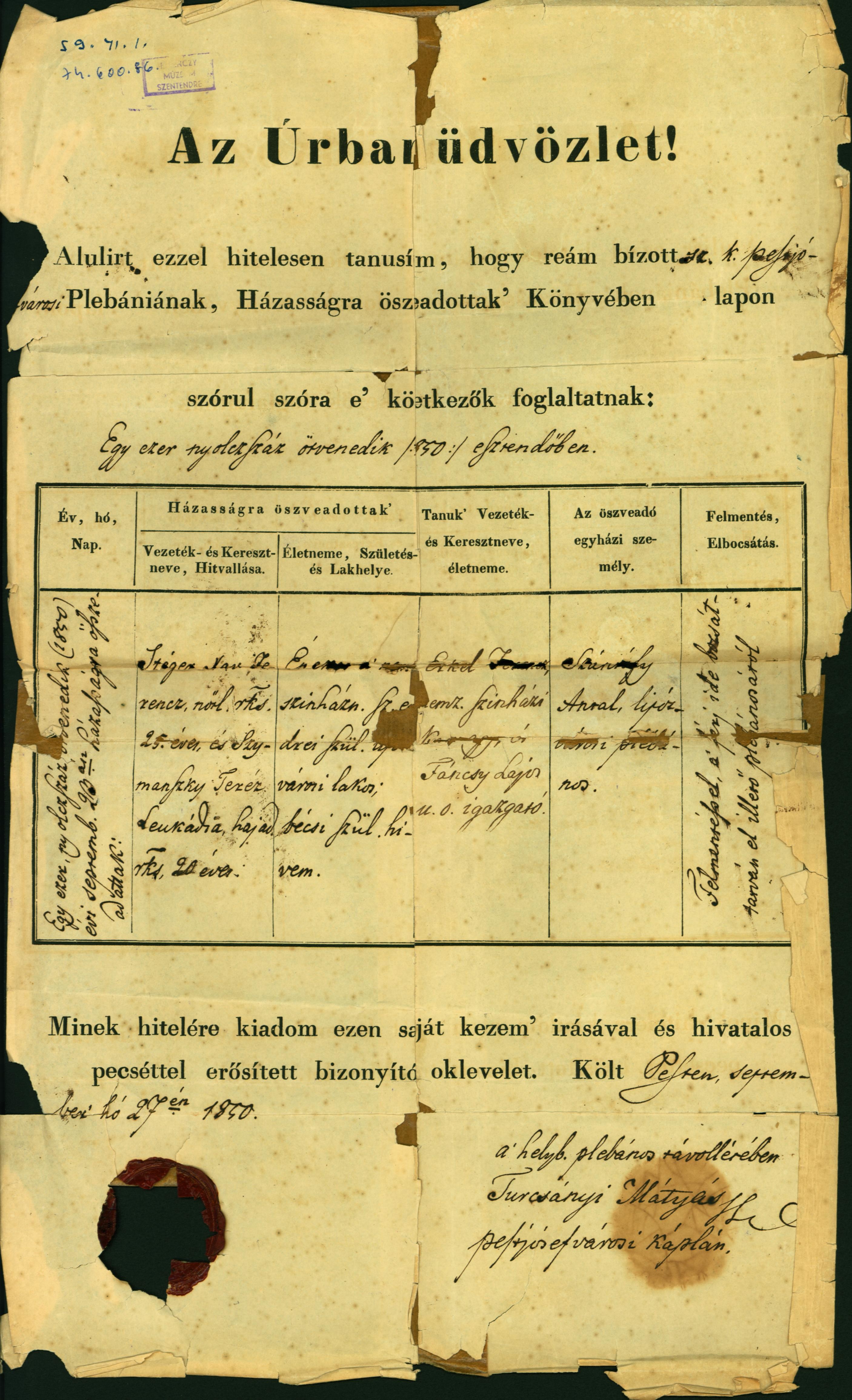 Stéger Ferenc házassági levele (Ferenczy Múzeumi Centrum CC BY-NC-SA)