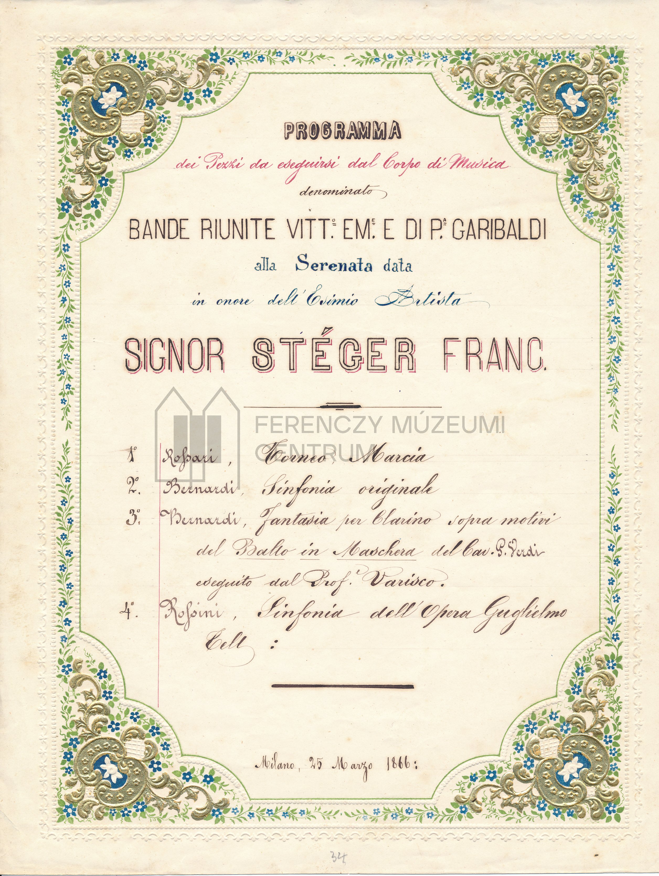Milánóban Stéger Ferenc tiszteletére tartott szerenád programja (Ferenczy Múzeumi Centrum CC BY-NC-SA)
