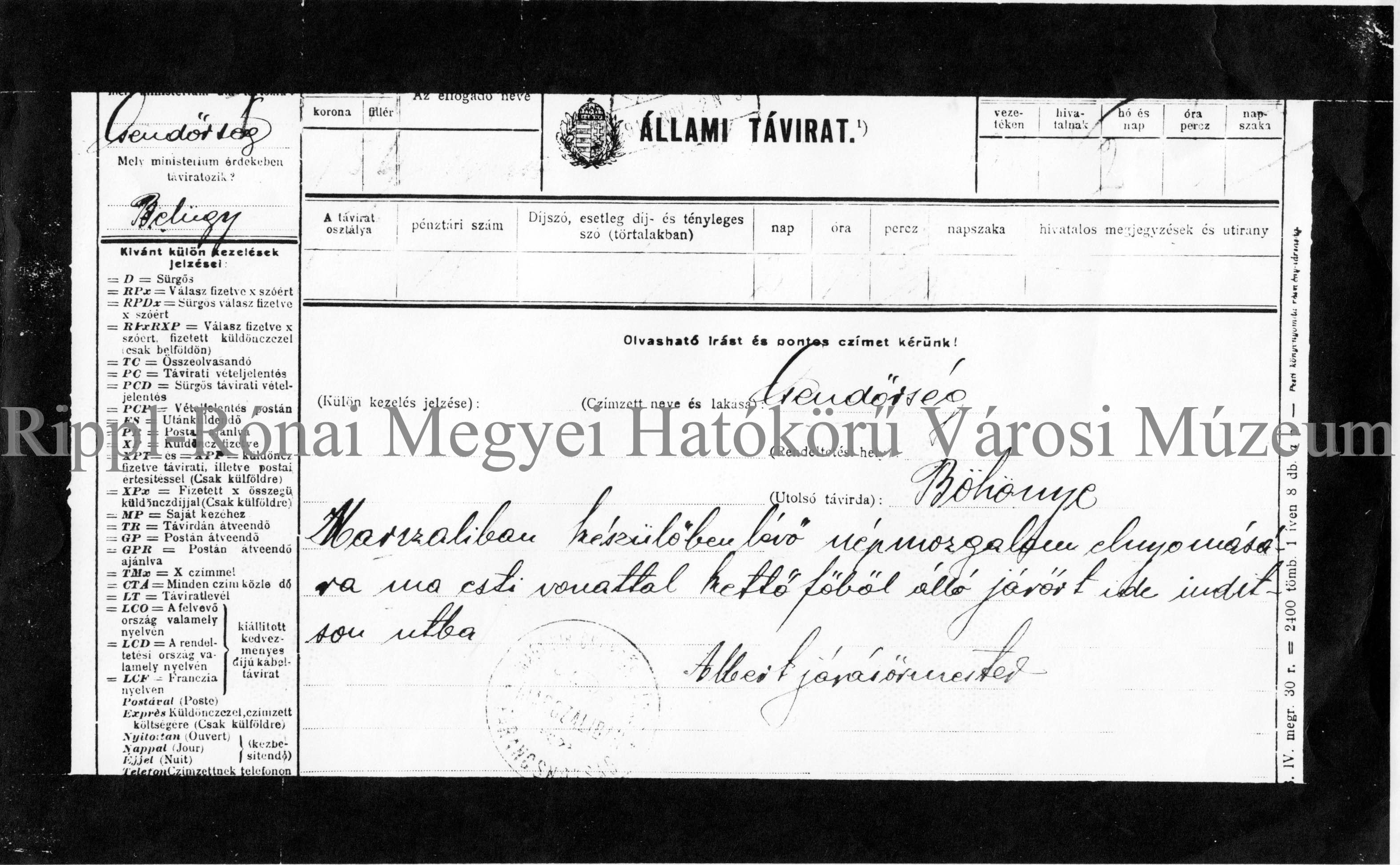Albert marcali járőrmester távirata a csendőrséghez (Rippl-Rónai Múzeum CC BY-NC-SA)