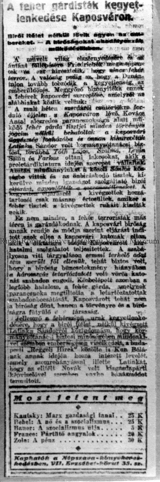 A fehérgárdisták kegyetlenkedése Kaposváron. Újságcikk a szerdai SZDP röpiratból 1919. szeptember 24. (Rippl-Rónai Múzeum CC BY-NC-SA)