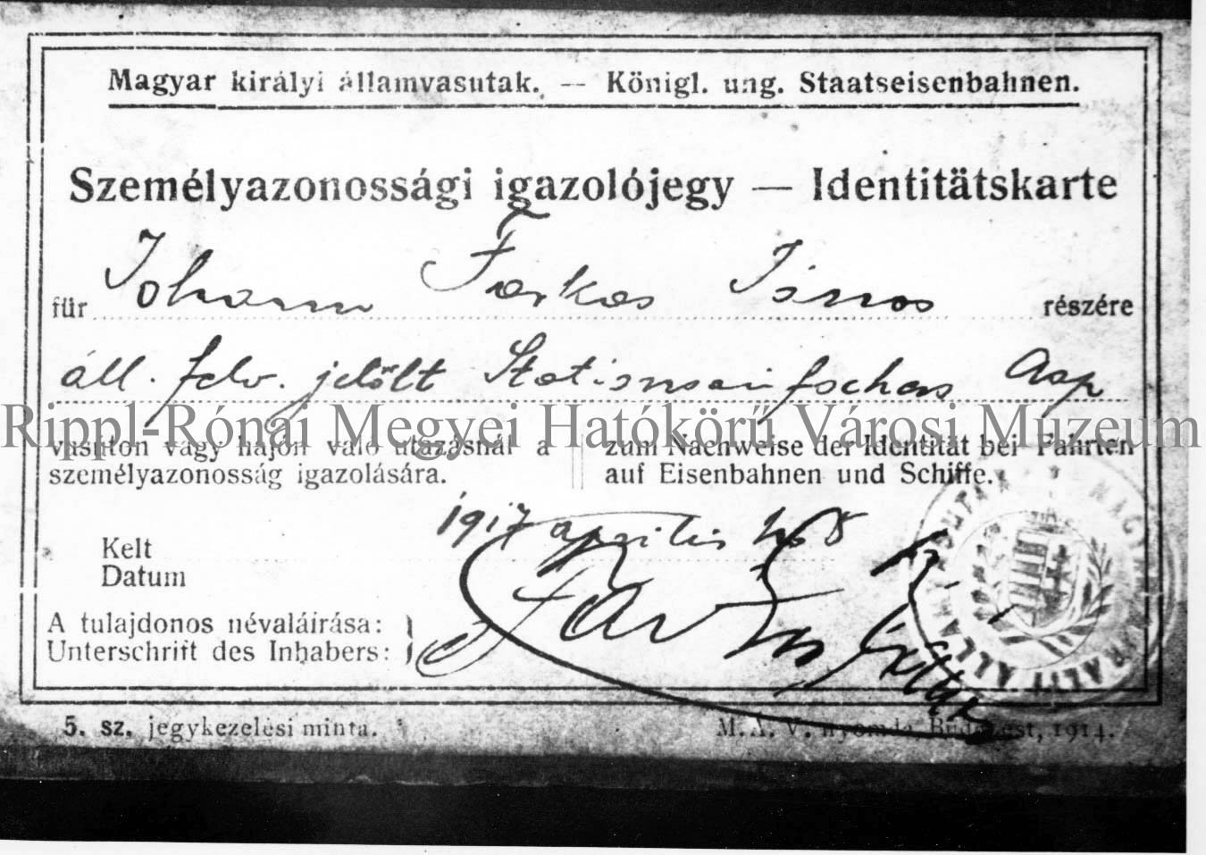 Farkas János személyazonossági igazoló jegye (Rippl-Rónai Múzeum CC BY-NC-SA)