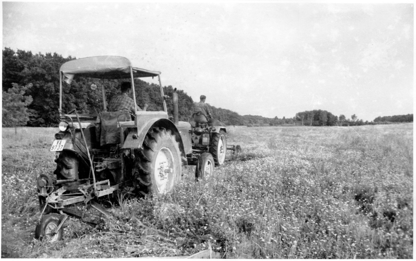 A lábodi Állami Gazdaságban Werhmann Ádám és Búzási János traktorosok kaszálnak. (Rippl-Rónai Múzeum CC BY-NC-SA)