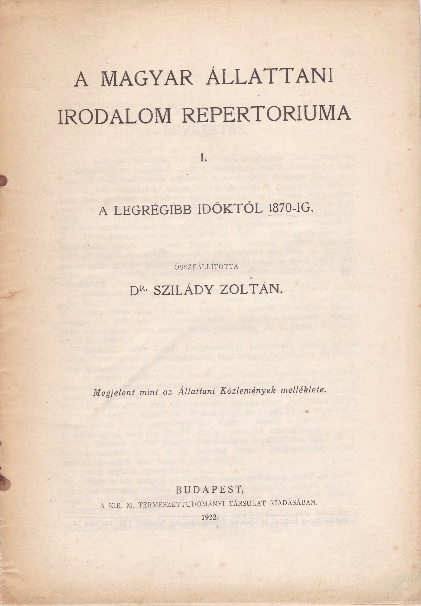 A magyar állattani irodalom repertóriuma 1. - A legrégibb időktől 1870-ig (Rippl-Rónai Múzeum CC BY-NC-ND)